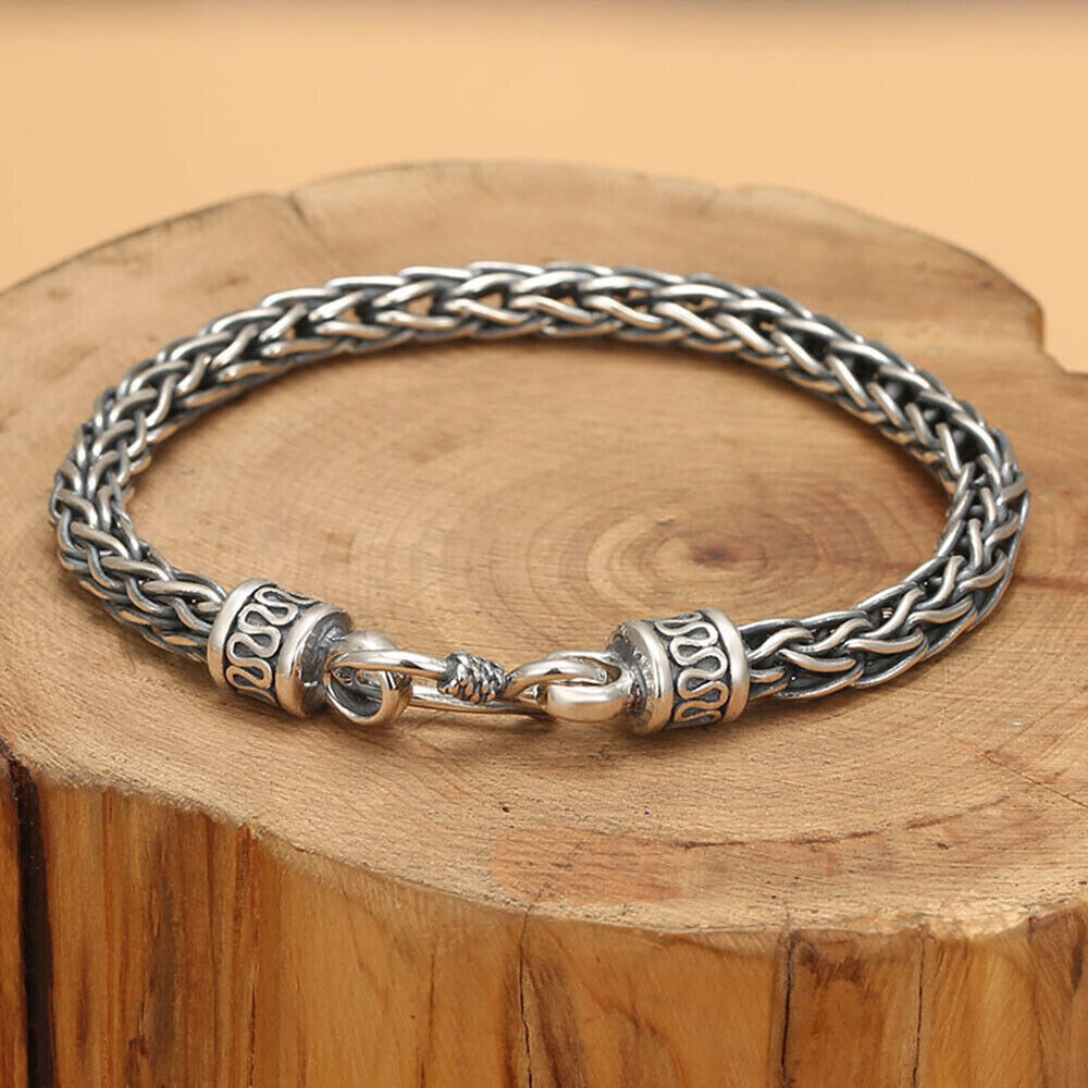 Pure S925 Sterling Silver Chain 6mm Double Wheat Link Bracelet 7.1-8.7inch