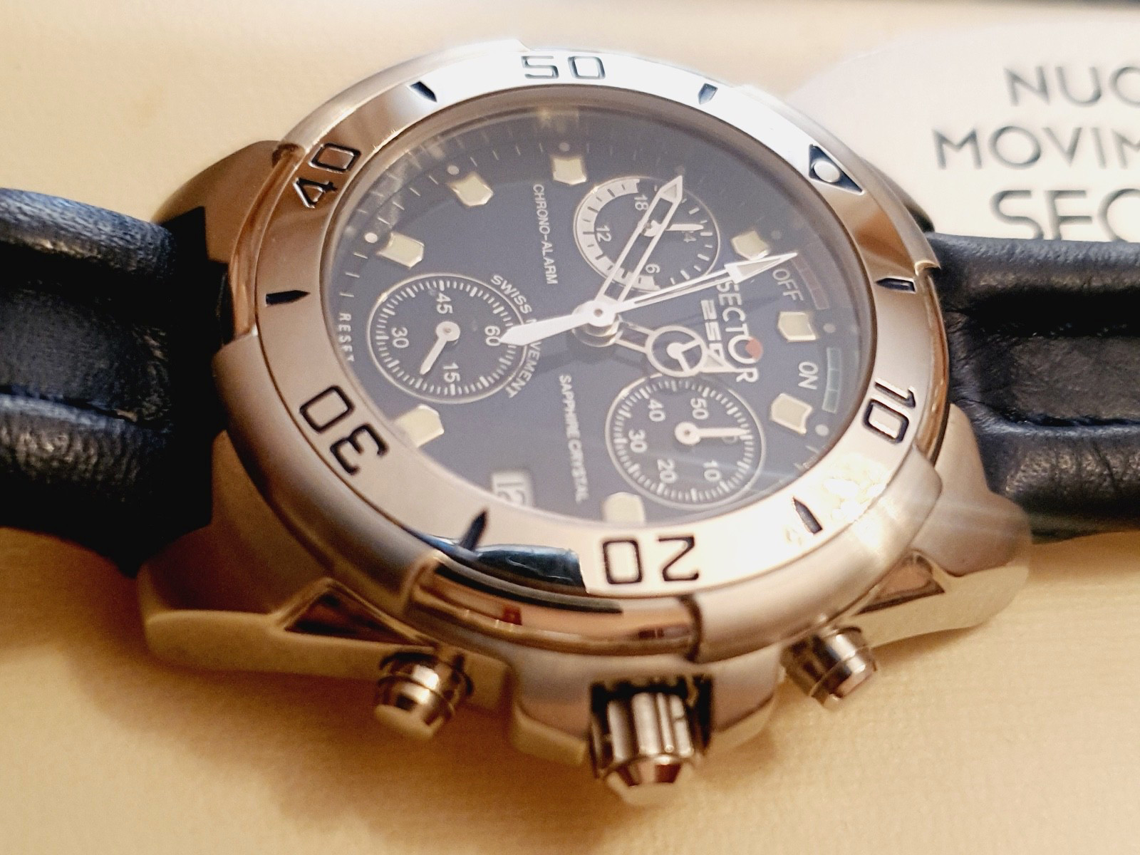 New Sector 250 Chrono Alarm Blue Steel Sapphire Crystal 100Mt Swiss Watch