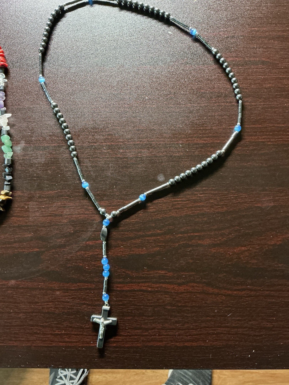 Lot Of 3 Hematite Crucifix, Turquoise Howlite Coral Amethyst Tigereye Necklaces