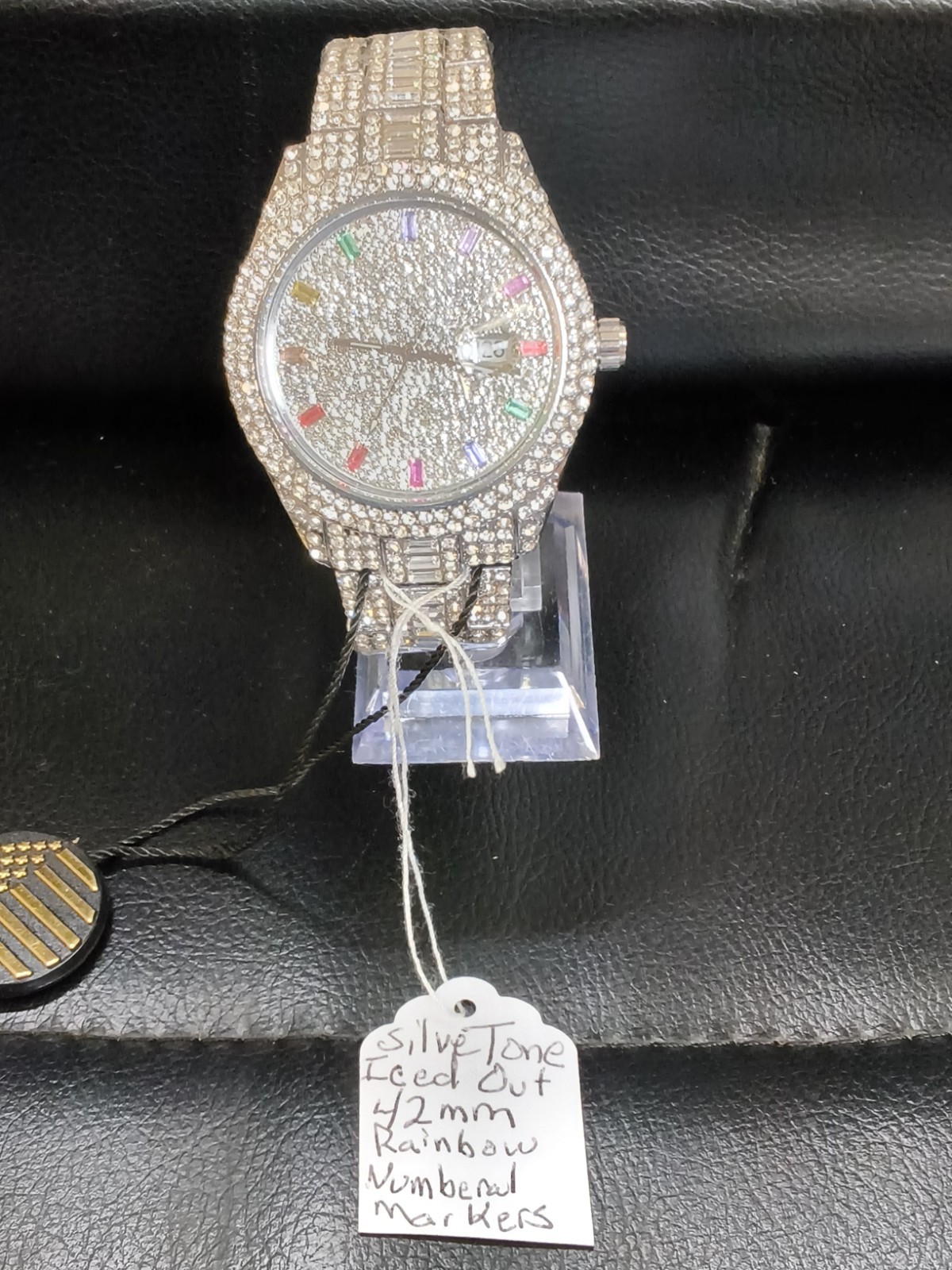 AJ Quality Watches Silver Tone Iced Out Rainbow Crystal 42mm Date Watch…