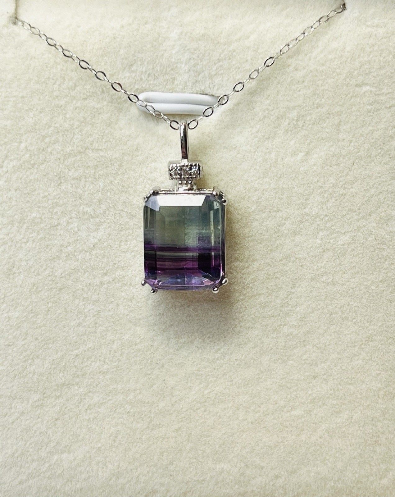 925 Sterling Silver Emerald Cut Natural Rainbow Fluorite Pendant Necklace
