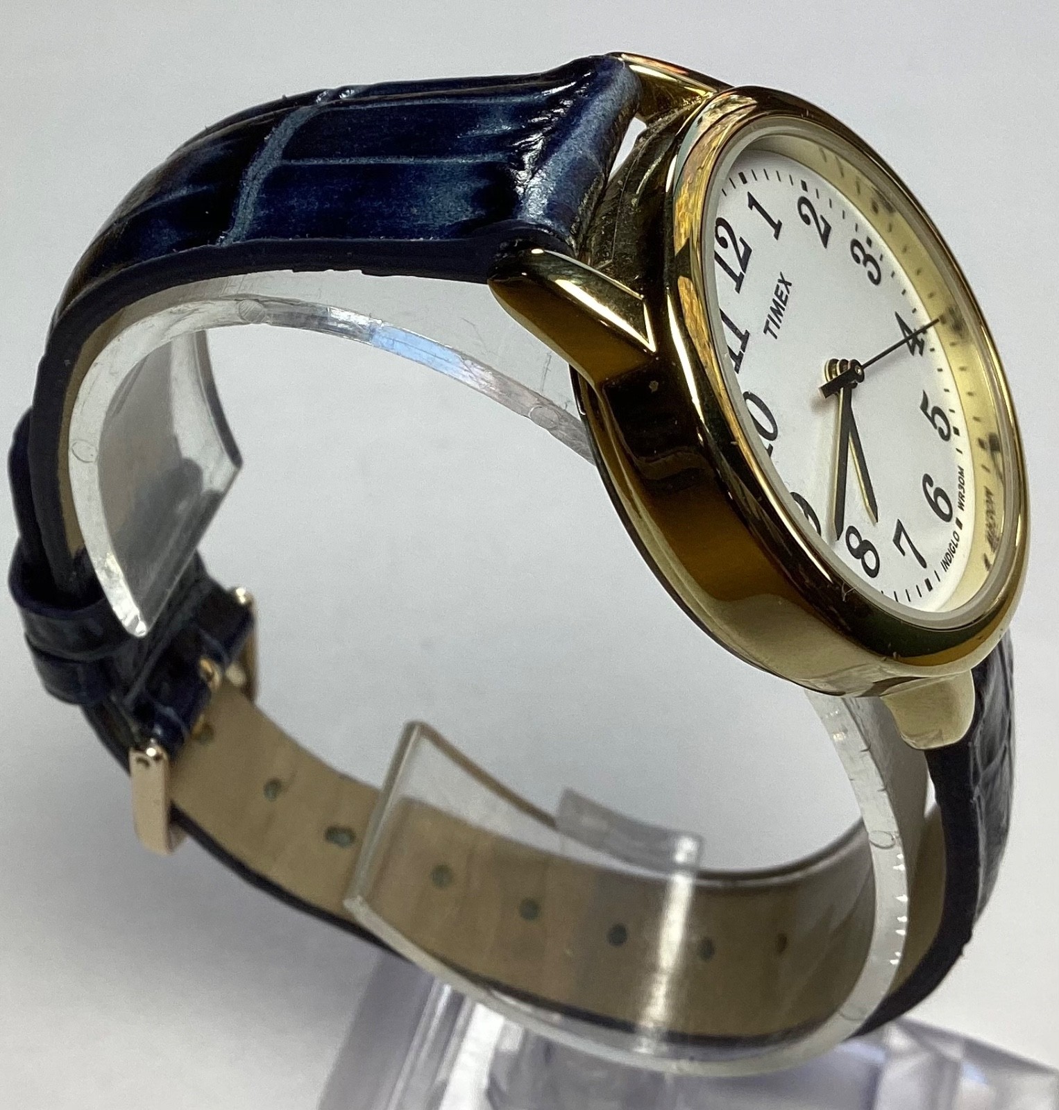 Timex Indiglo Womens Watch Gold White Navy Leather Band WR 30M New Battery