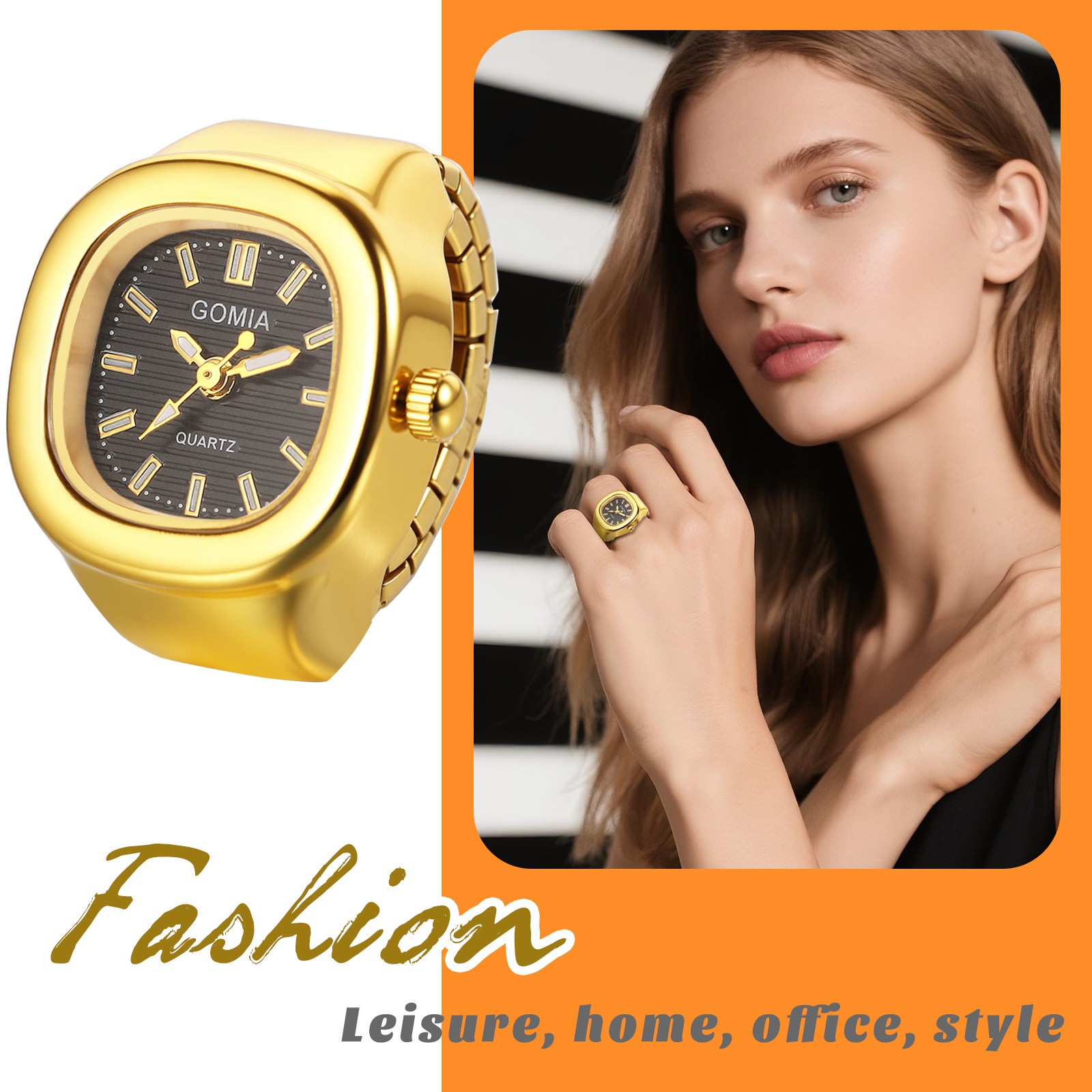 Women Casual Square Quartz Ring Watch Stainless Steel Elastic Strap Finger Watch
