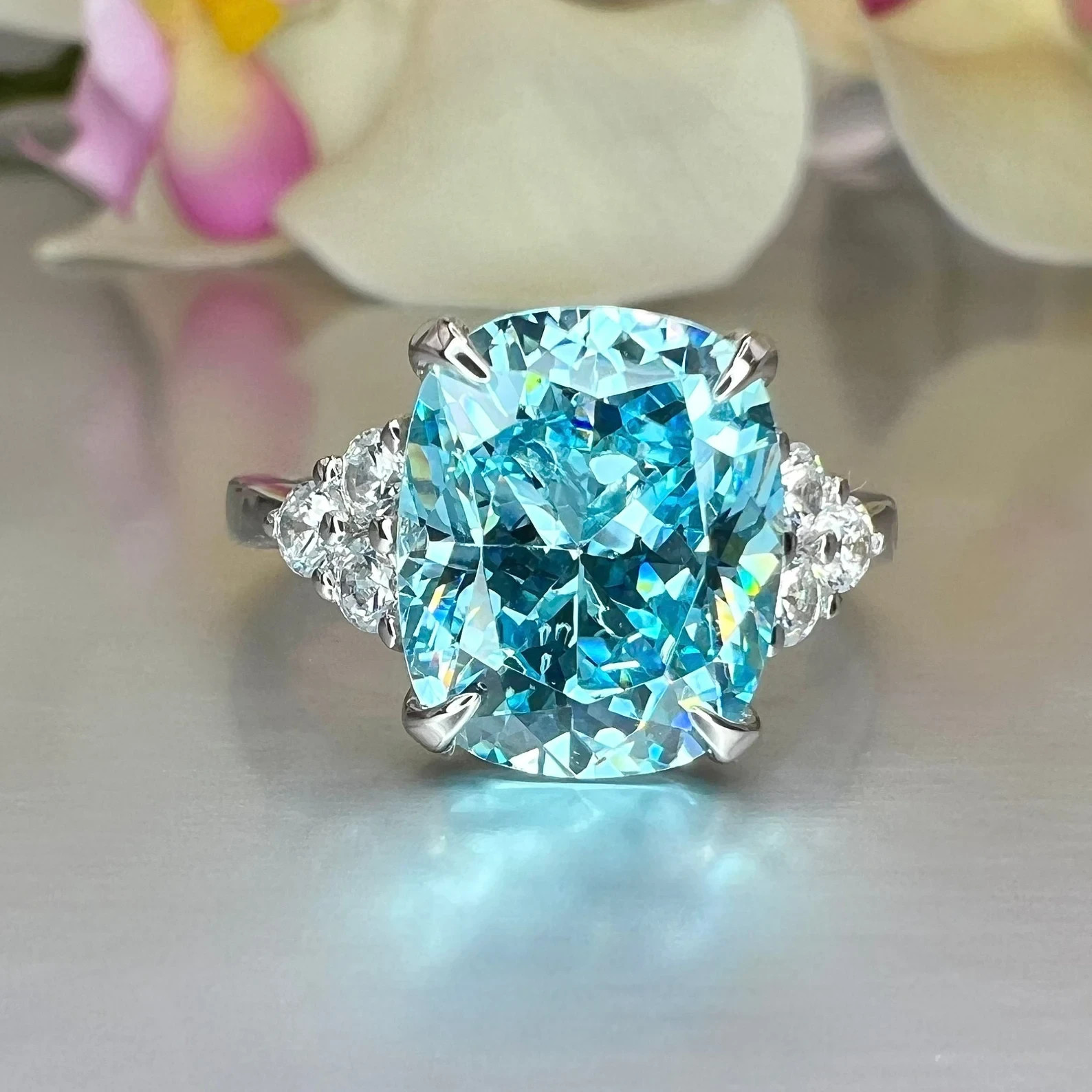 8.30Ct Cushion Cut Natural Aquamarine Diamond Wedding Bridal Ring 14K White Gold