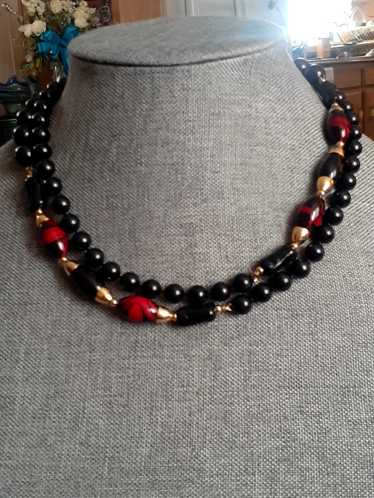 Vintage Lucite Black And Multi color Bead Single strand Necklace