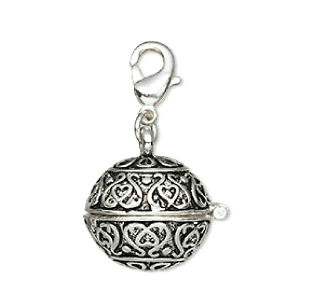 Antiqued Silver Round Filigree Prayer Box Locket Pendant On Lobster Clasp