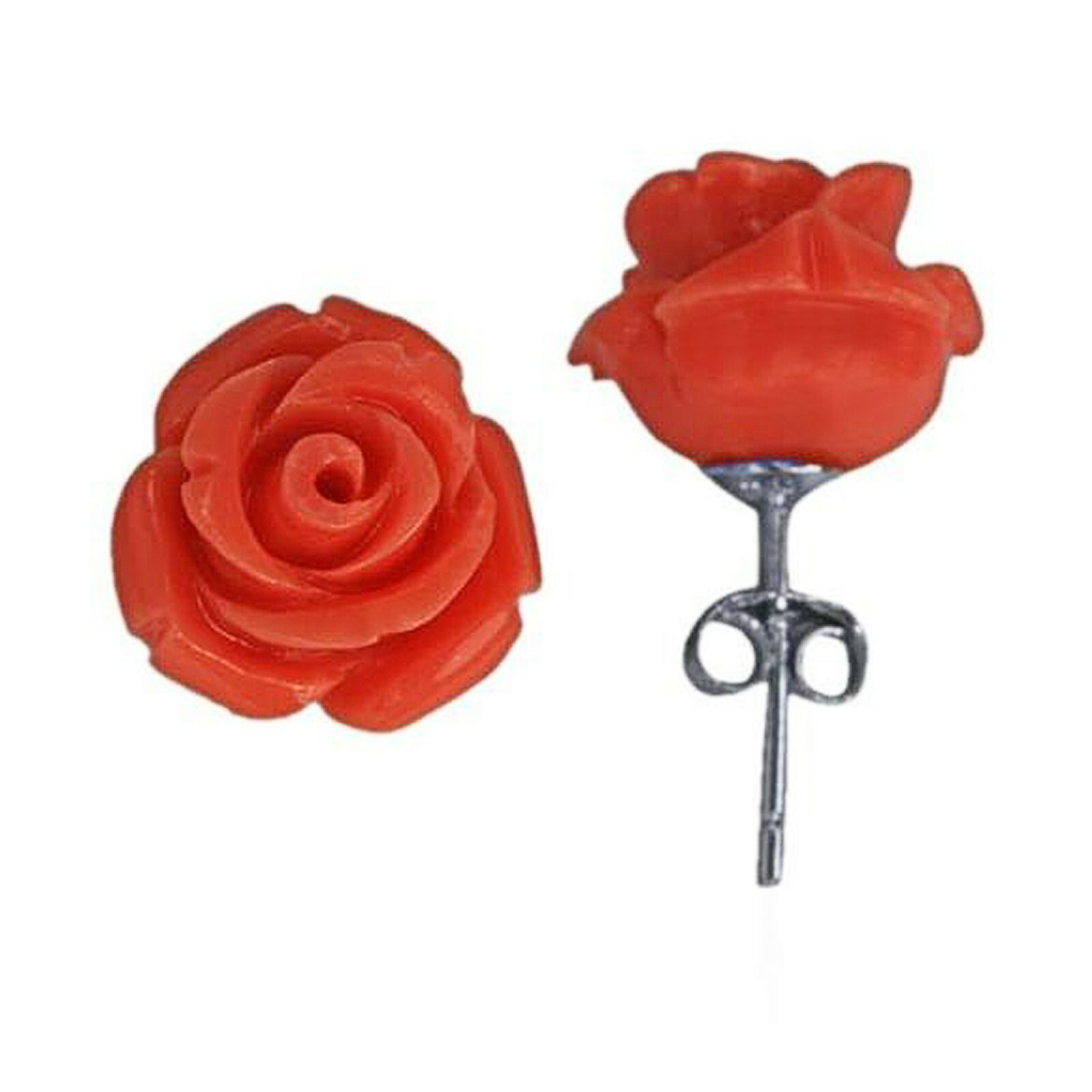 11mm “Coral Red” Rose Earrings in SOLID Sterling Silver – LOWER PRICE!
