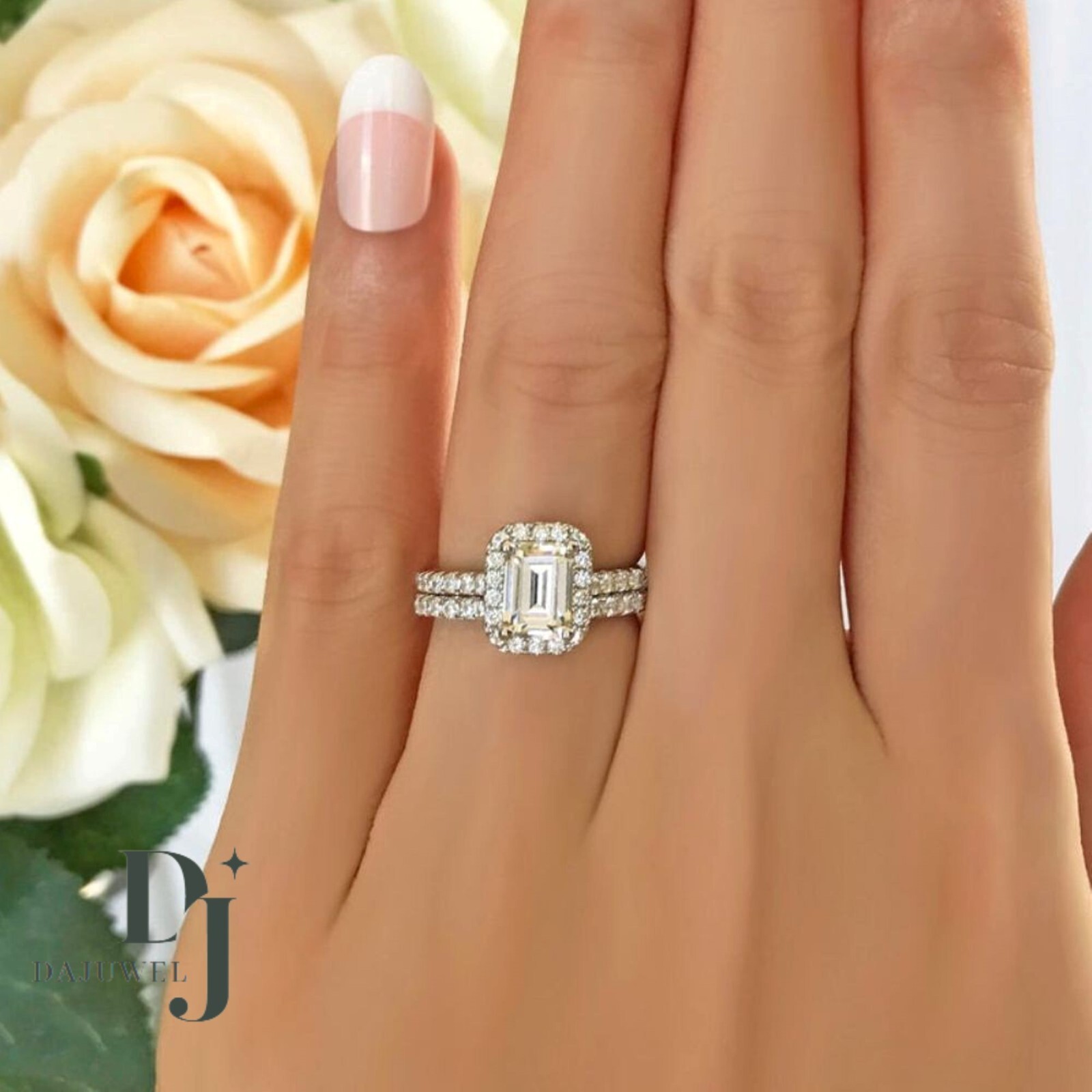 2.50 CT Emerald Cut Moissanite Bridal Set Engagement Ring Solid 14K White Gold