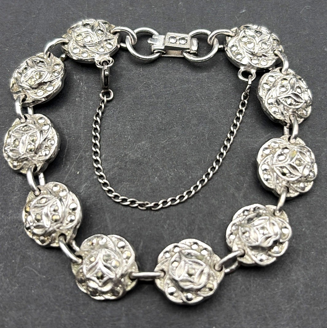 Sterling Silver 925 Rosette Link Bracelet with Safety Catch 16.1g
