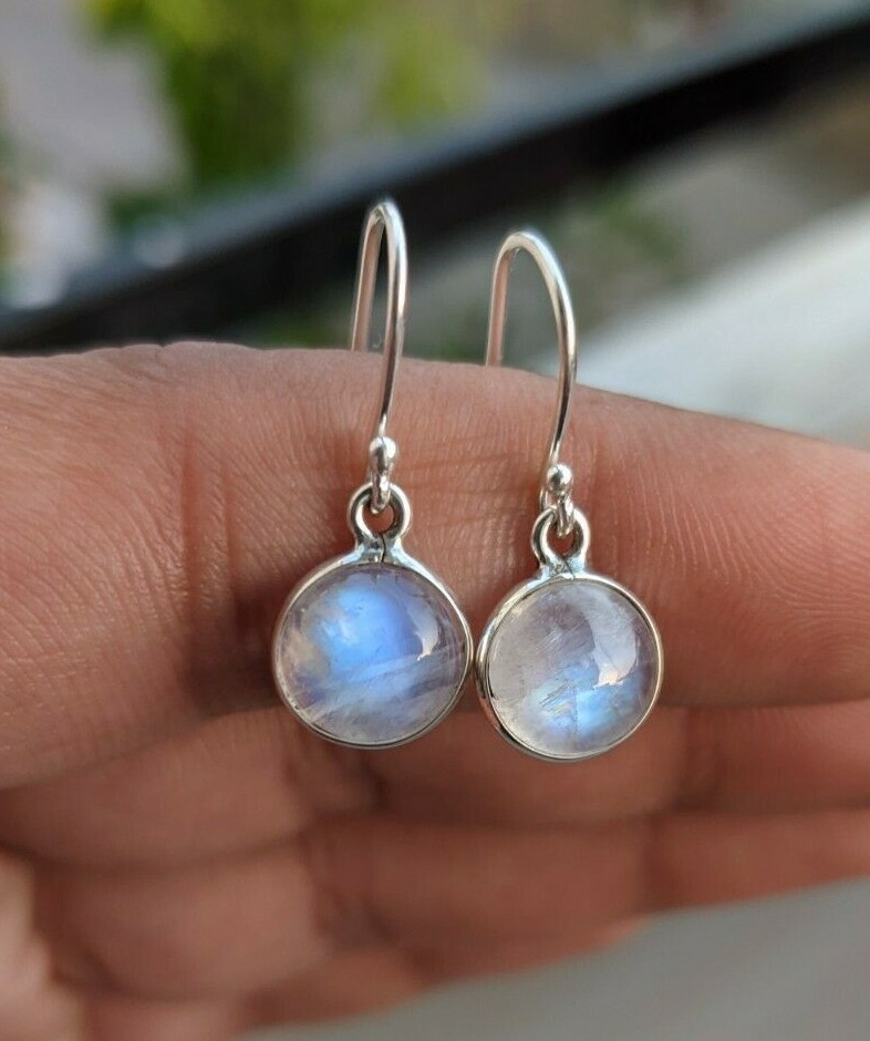 Blue Fire Rainbow Moonstone Round Cabochon 925 Sterling Silver Handmade Earrings