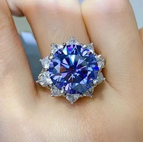 7Ct Round Cut Natural Tanzanite & Diamond Solid 14K White Gold Engagement Ring
