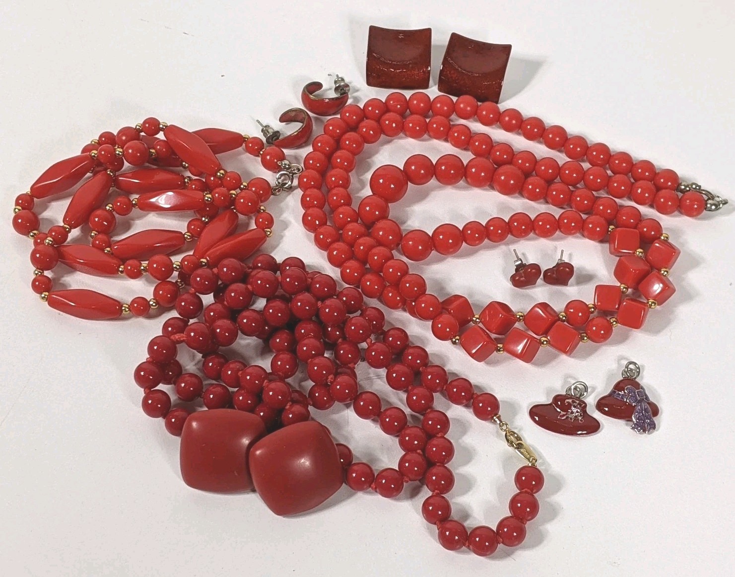 Red Jewelry Lot Necklaces Earrings Charms One Trifari & Unbranded All Vintage 8p
