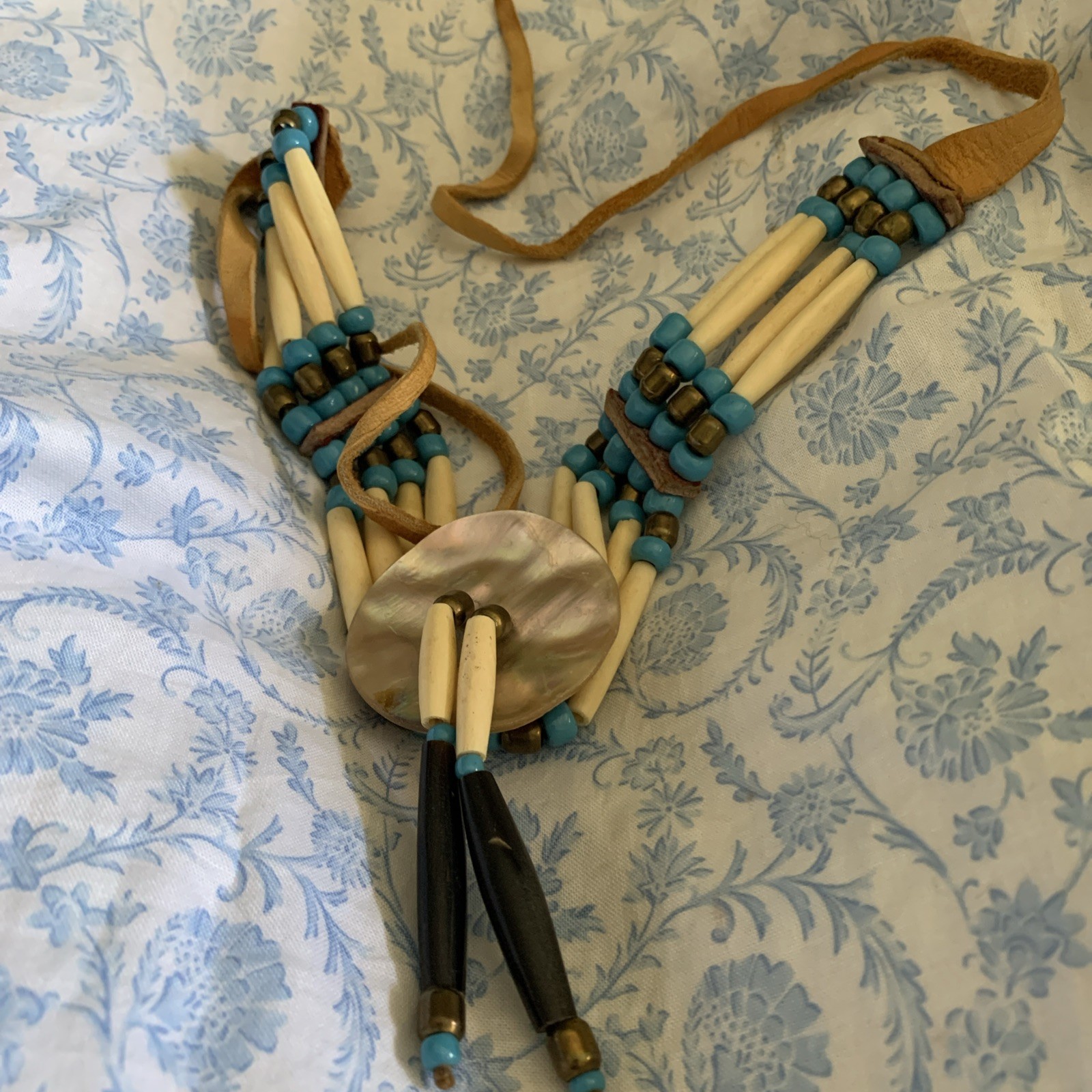 VINTAGE NATIVE AMERICAN CHOKER with BONE ABALONE BRASS & GLASS BEADS LEATHER. #1