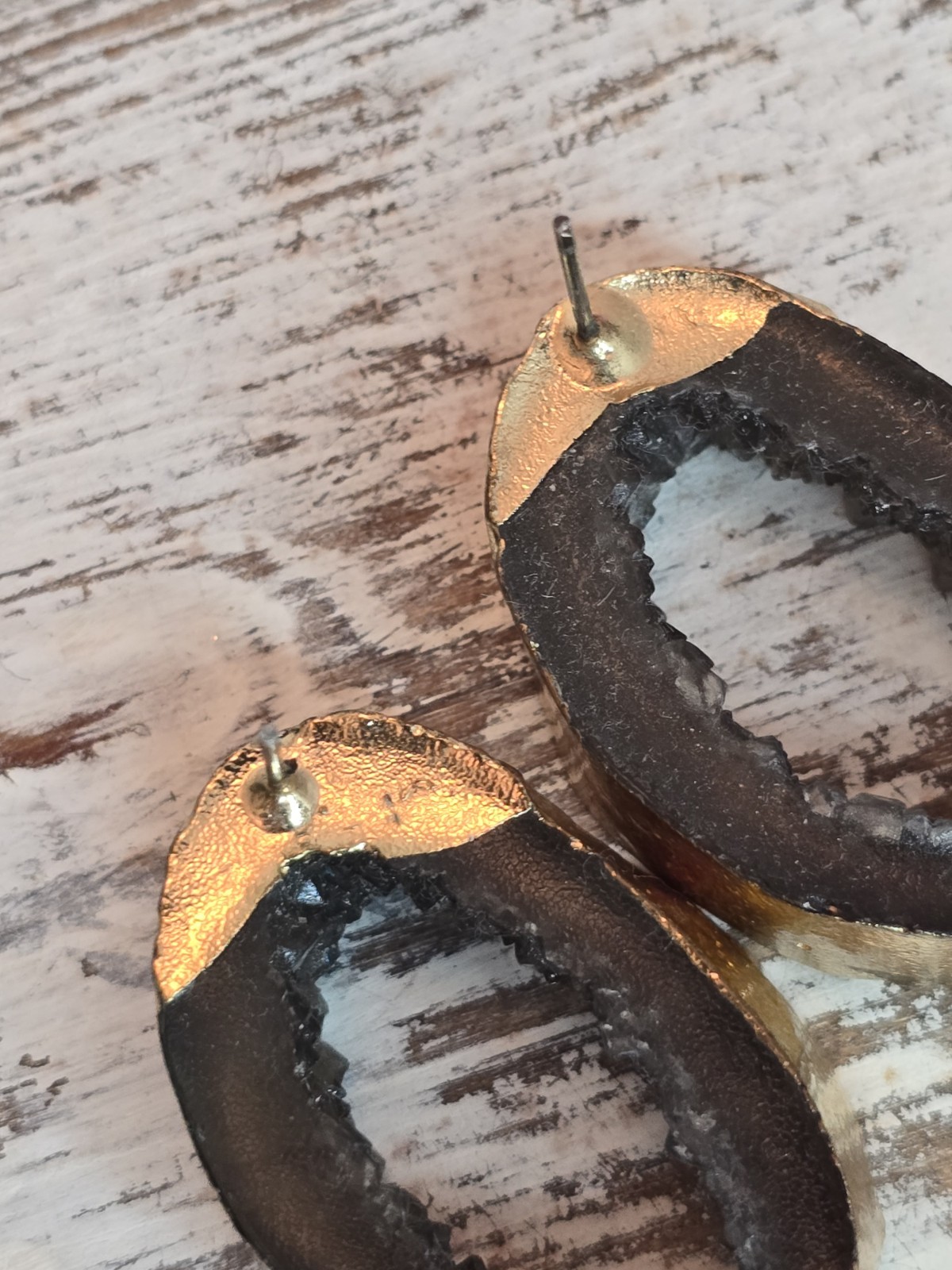 Geode Druzy Statement Earrings Gold Tone Black Crystal Slice Jewelry #262
