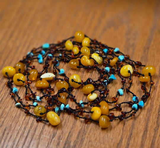 Artisan Genuine Amber Turquoise 84″ Beaded Necklace Multi Strand Knotted Cord