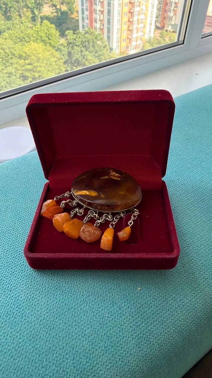 Vintage USSR Baltic Amber Mosaic Brooch Dangle Natural Amber 22g Rare
