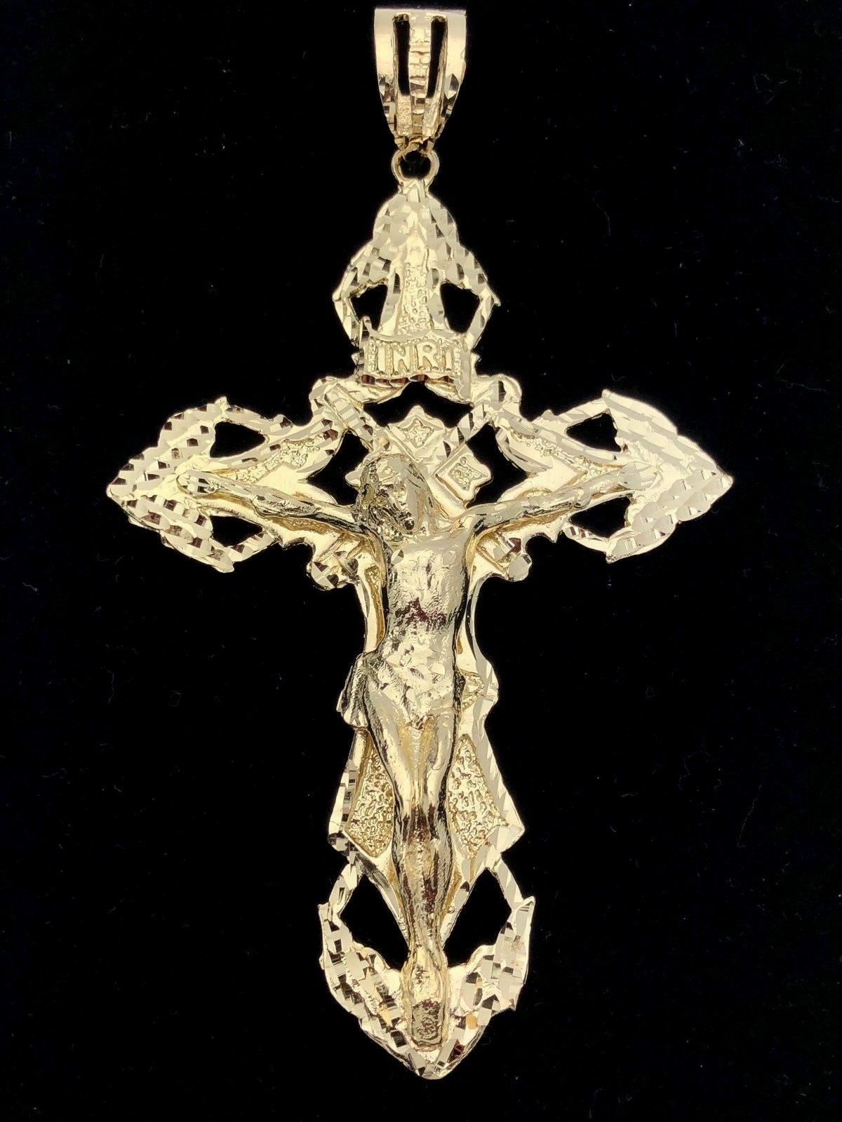 10k Yellow Gold Religious INRI Jesus Christ 3D Big Cross Pendant 5.25″- 45 grams