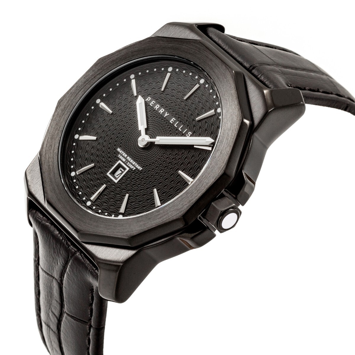 NEW Perry Ellis 42mm Decagon Black SS 100M WR Men’s Watch PEW08007-01 Invicta
