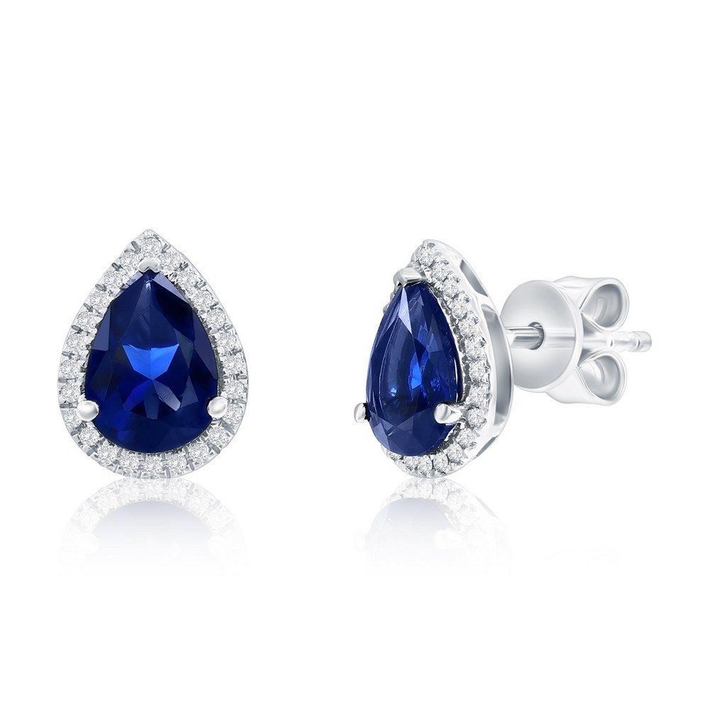 Sterling Silver 1.99ct Pearshaped Lab Sapphire & 0.09ct Studs Rhodium Plated