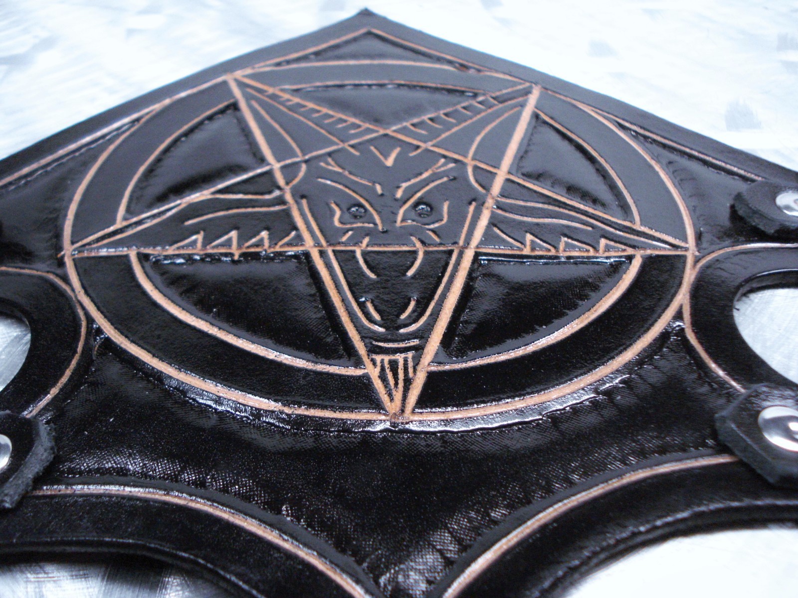 LEATHER BAPHOMET CARVED GAUNTLET. BLACK METAL…(MDLG0149) …..BEHEMOTH