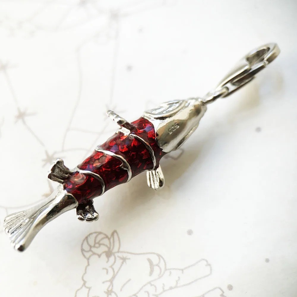 Red Fish Enamel Pendant 925 Sterling Silver Charm Lobster Lock Gift