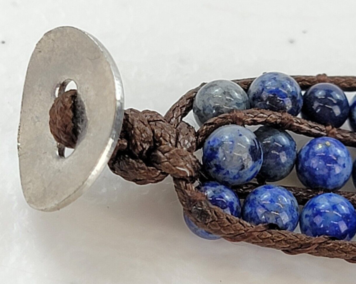 Lapis Lazuli Beaded Wrap Bracelet 6.5″ Brown Leather Cord Toggle Clasp Boho