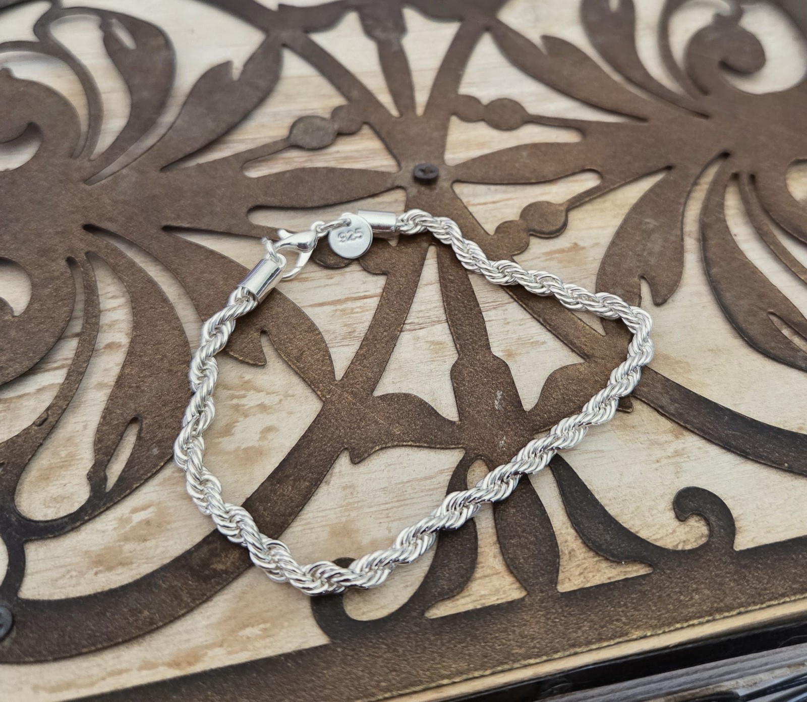 925 Sterling Silver Rope Chain Bracelet, Lobster Clasp Closure, Silver
