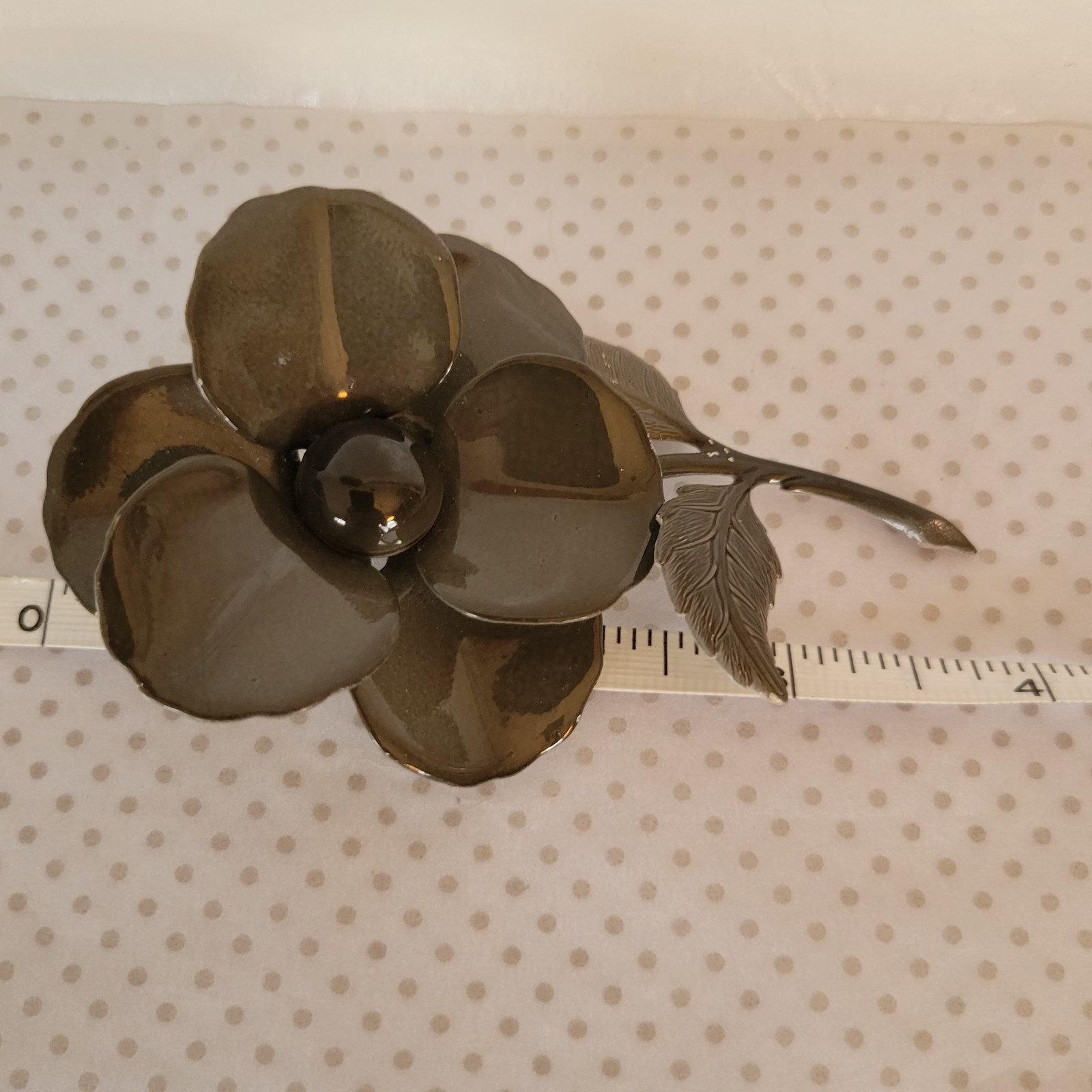 Vintage Enameled Flower Brooch Dark Gray 3.75 In. Formal Attire