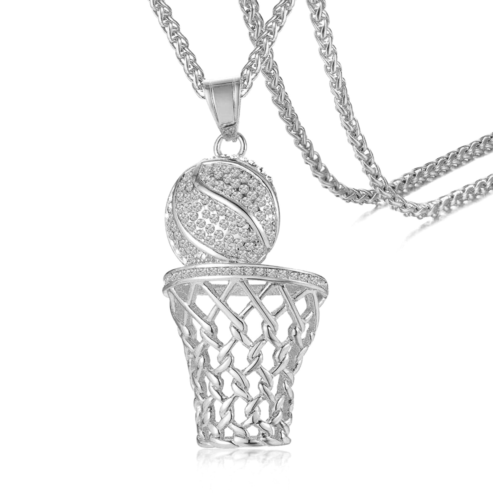 Men’s Stainless Steel Rhinestone Inlay Basketball Pendant Hip Hop Necklace Chain
