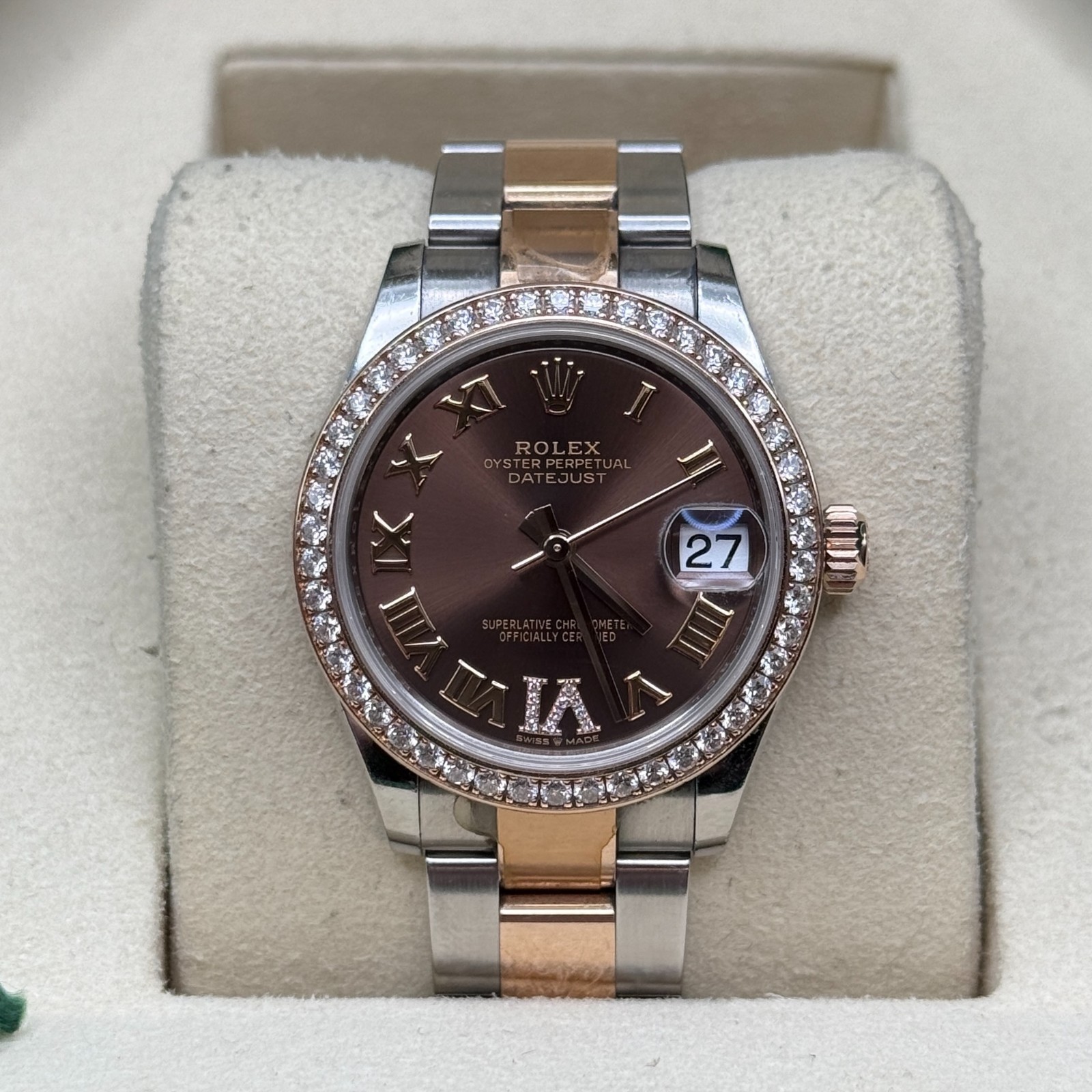 Rolex Datejust 31 Chocolate Roman Diamond Two Tone Rose Diamond Bezel Oyster