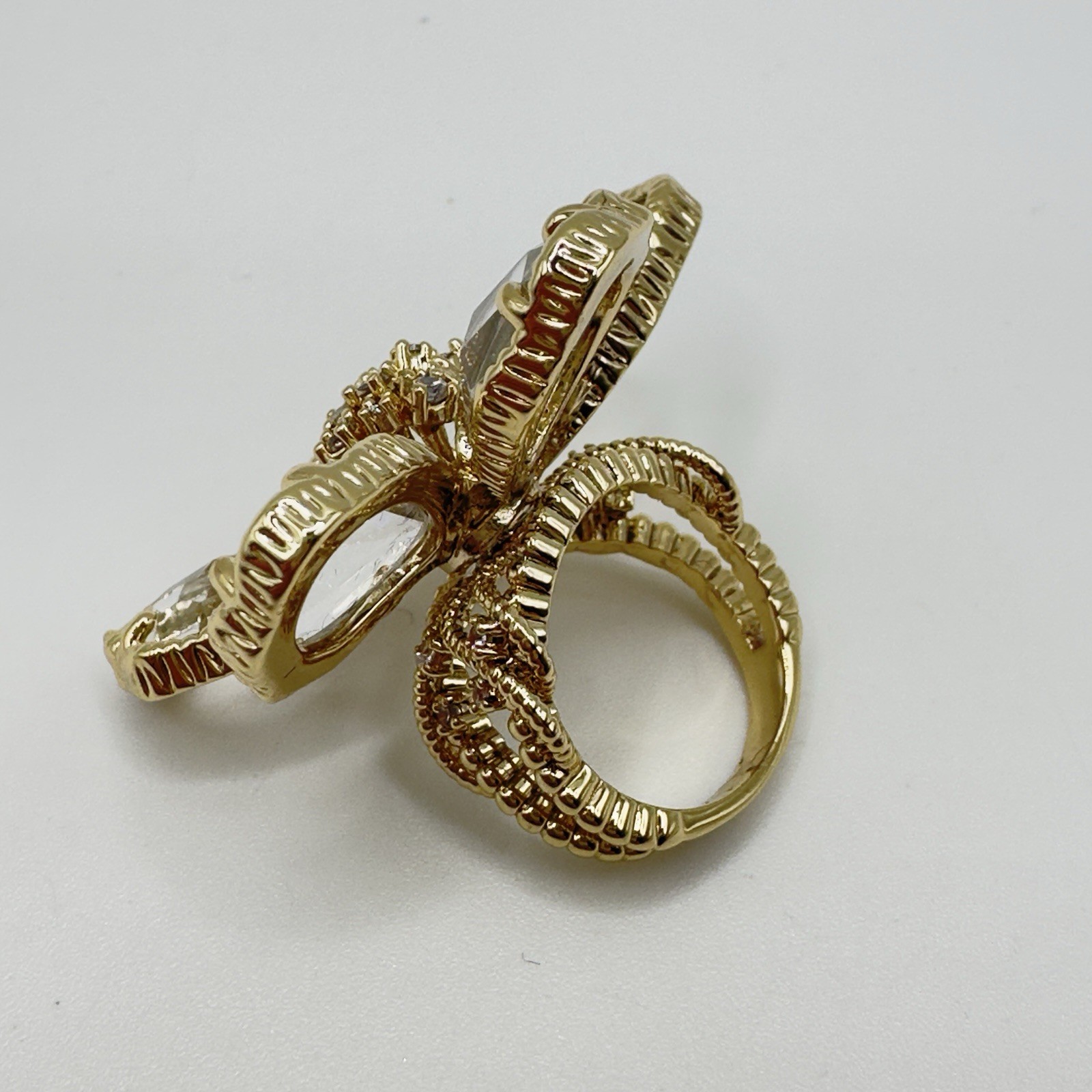 Joan Boyce Crystal Flower Ring Gold Tone Statement Cocktail Ring 1.5″ Size 5.5
