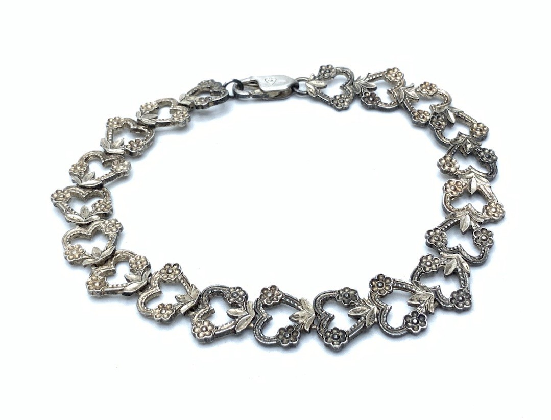 Stefani Argento Italy 925 Sterling Silver Heart & Flower 7” Link Bracelet