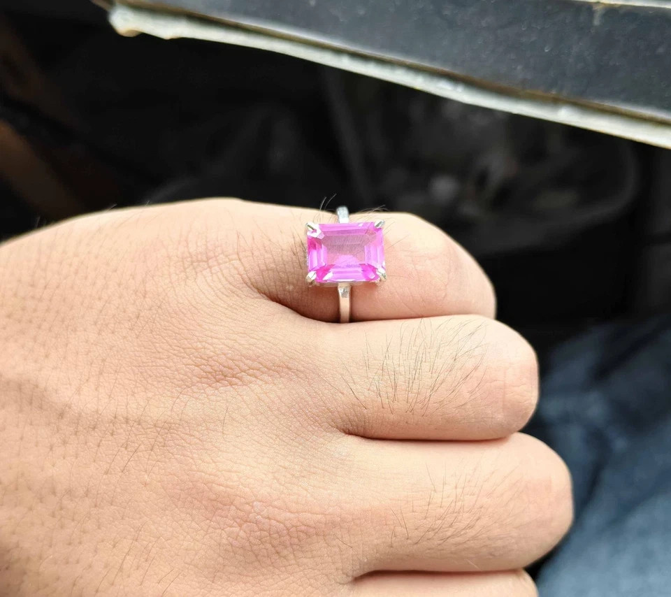 7 Ct Stone Natural Certified Pink Sapphire Emerald Cut Ring Silver Ring Size 9