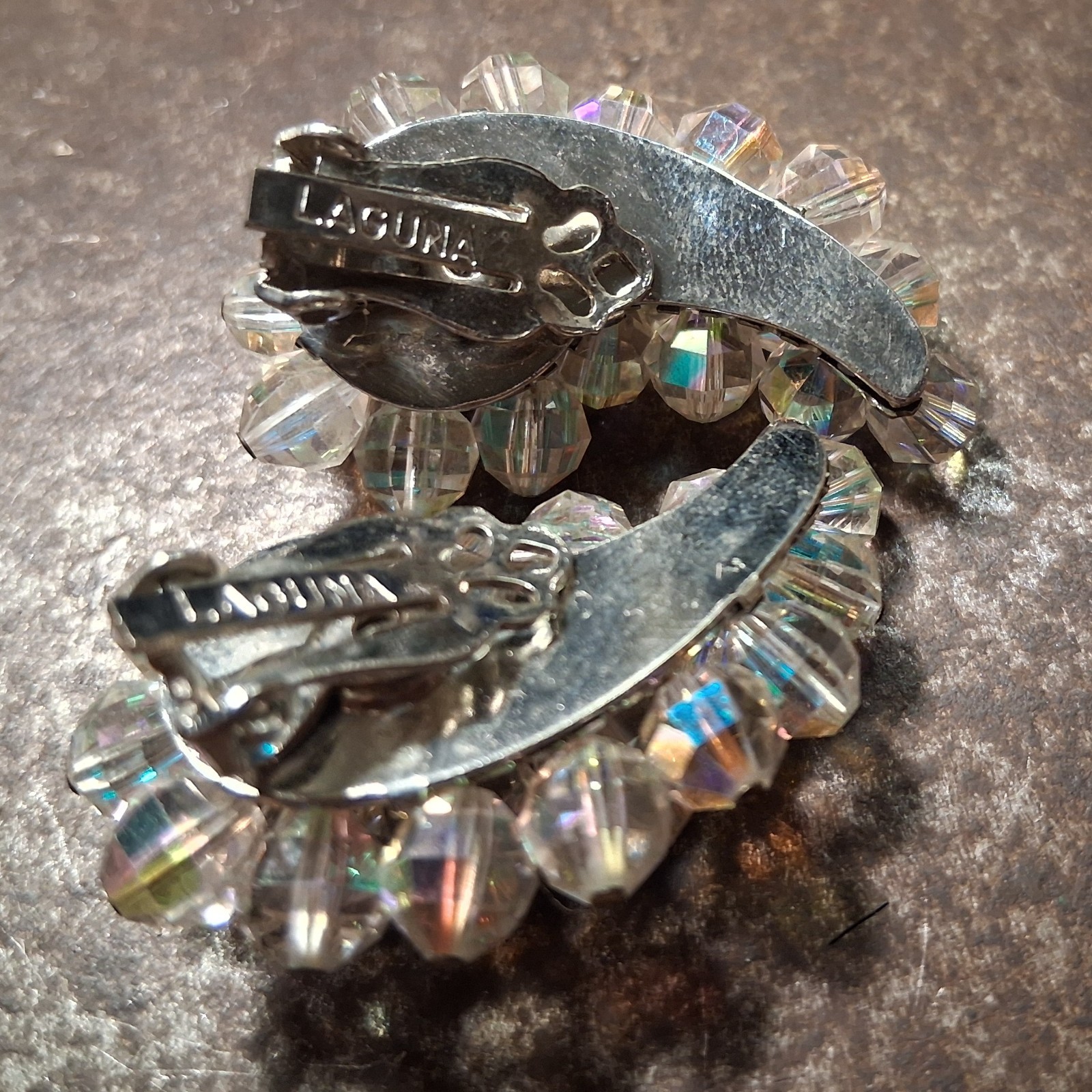 Vtg Crystal LAGUNA Clip Earring Cluster Aurora Borealis Bead Crescent Silvertone