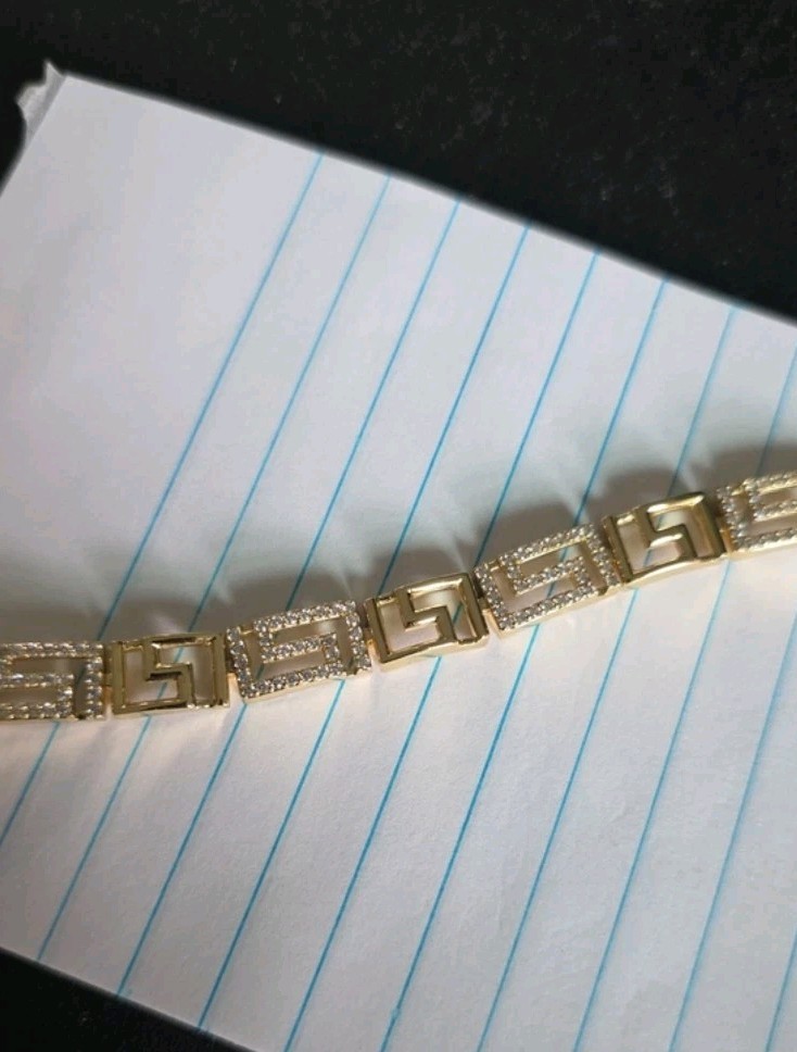 14k Gold Plated Greek Key Geometric Link Chain Bracelet, Metal, Fold-Over Clasp