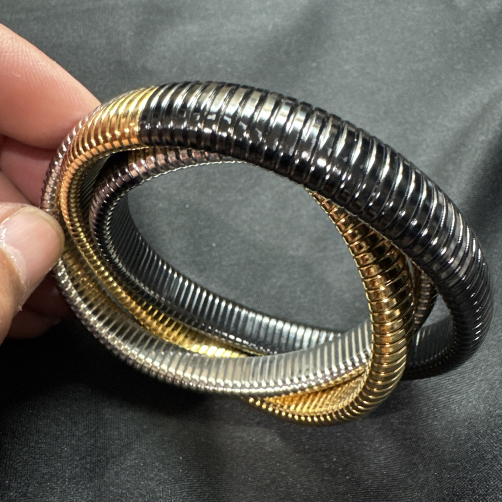Tricolor Coil Bracelet Plated Gold Silver Black Tone Stretch Bangle (B1)