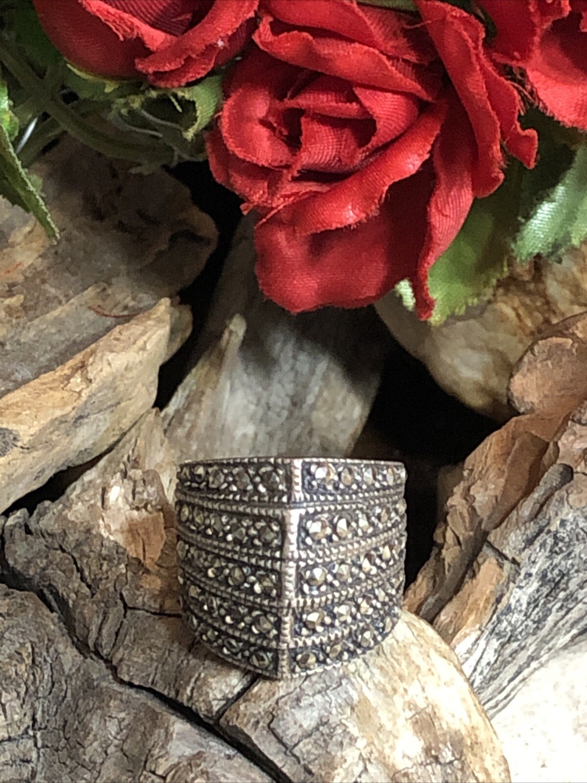 21. Vintage ACI Sterling silver 925 Marcasite Wide Chevron ring 6.5″, 8g