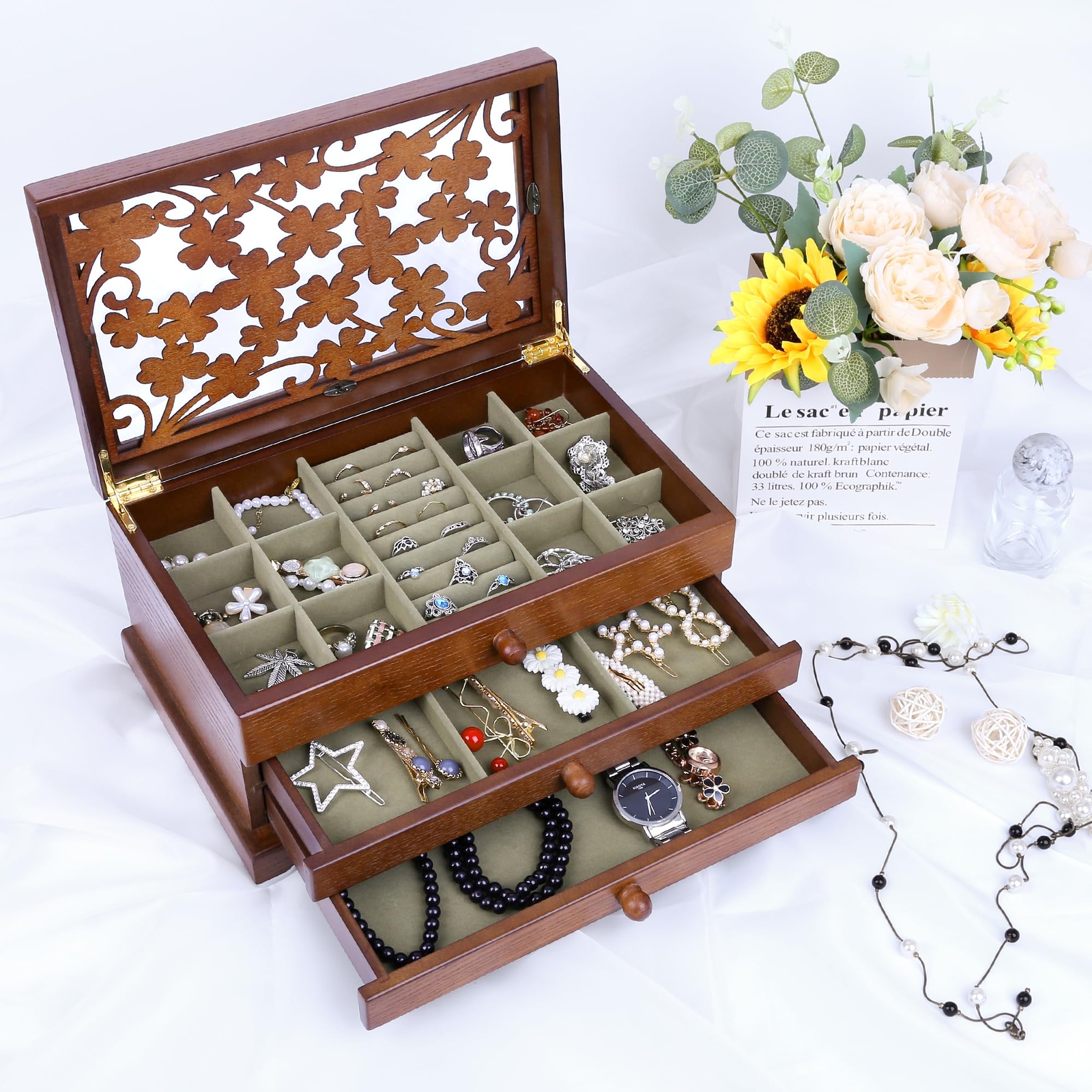 Kendal 3 Layer Wooden Jewelry Box Jewelry Holder Organizer w/ Four Leaf Pattern