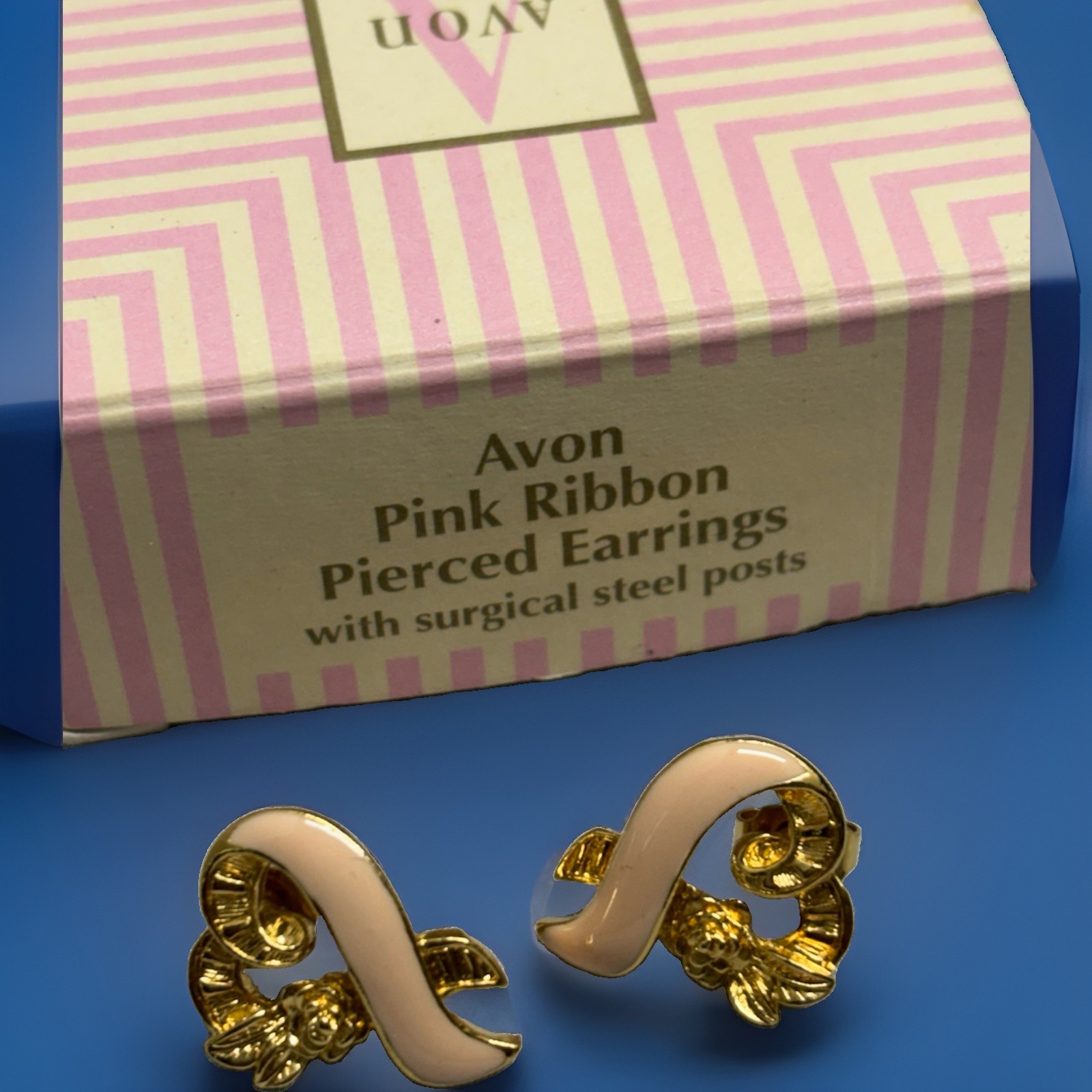 Avon Pink Ribbon Stud Earrings Nickel-Free Gold Tone Pink Enamel Butterfly