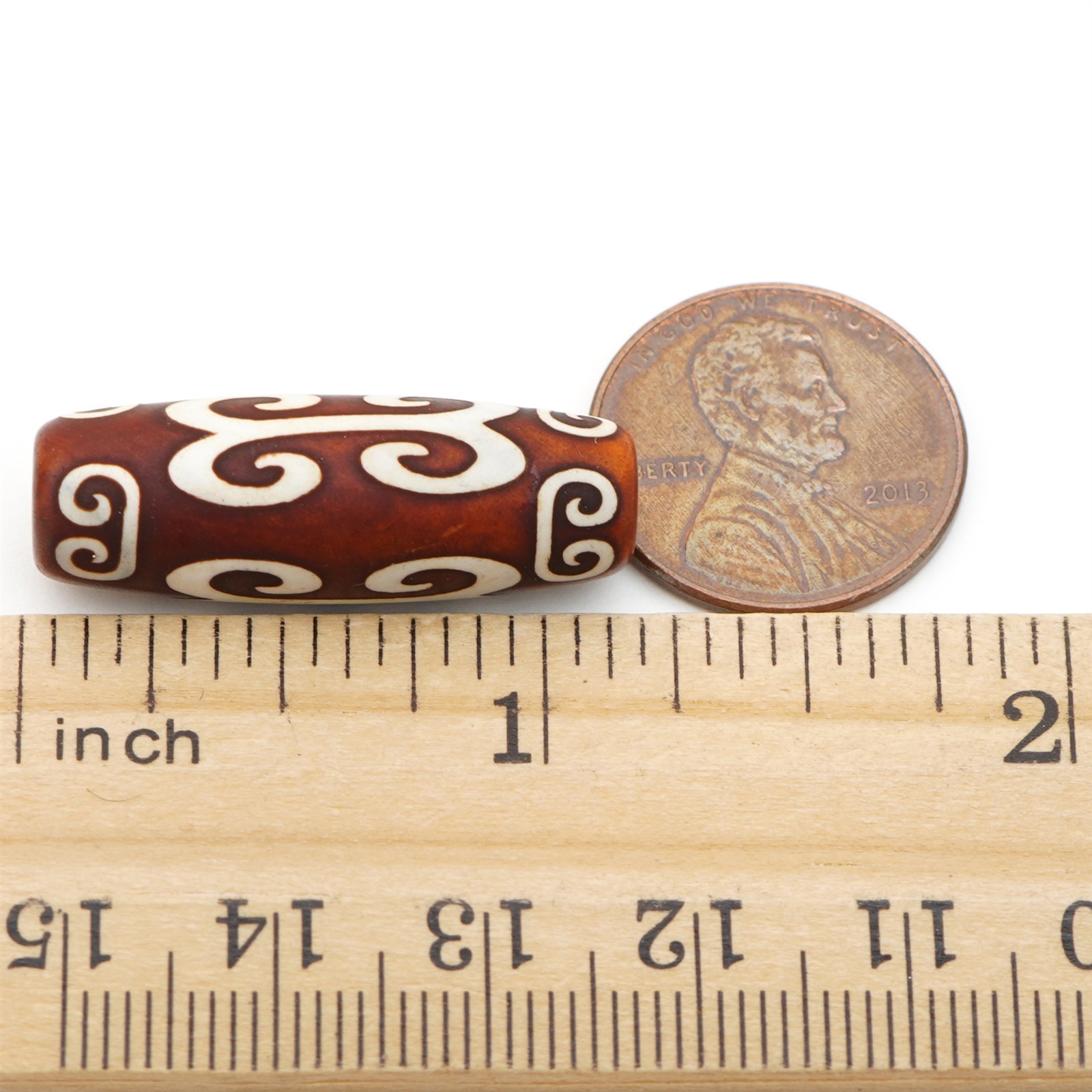 4 long oval Tibetan agate beads white spiral designs brown stone avg 30mm 29mm