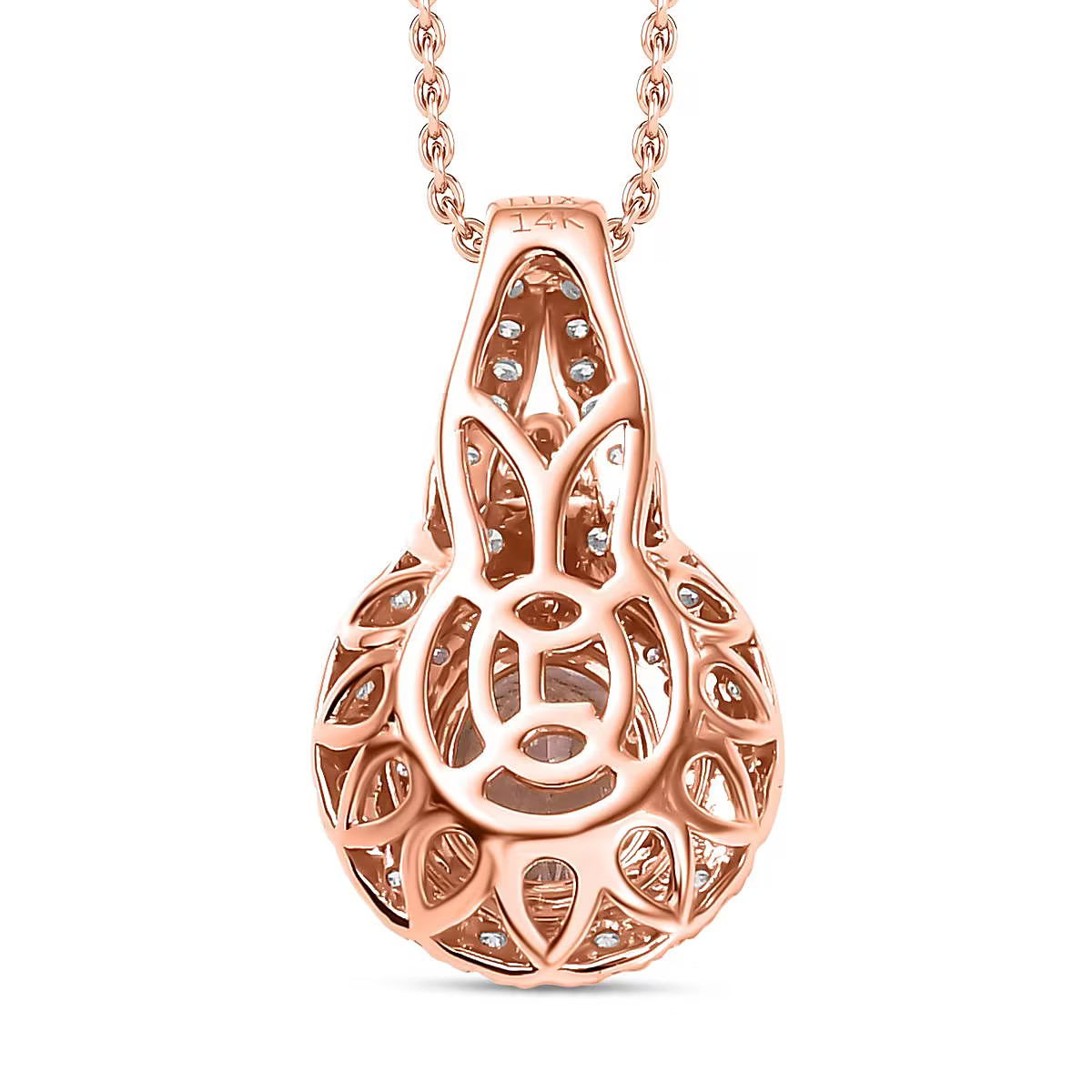 Pink Morganite G-H I2 Diamond 2.35 Double Halo Pendant Necklace 20 ” Rose Gold
