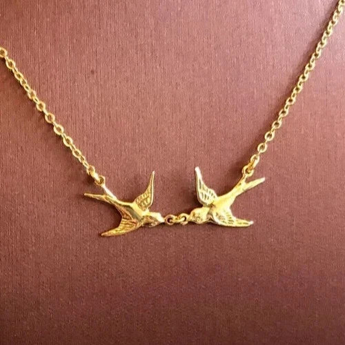 Flying Kissing Swallow Bird Necklace 925 Sterling Silver 14K Yellow Gold Plated
