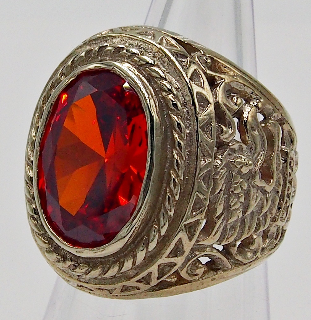 MEN RING RED ORANGE SAPPHIRE SILVER BRONZE SOLITAIRE GARUDA STONE GEMS SIZE 9