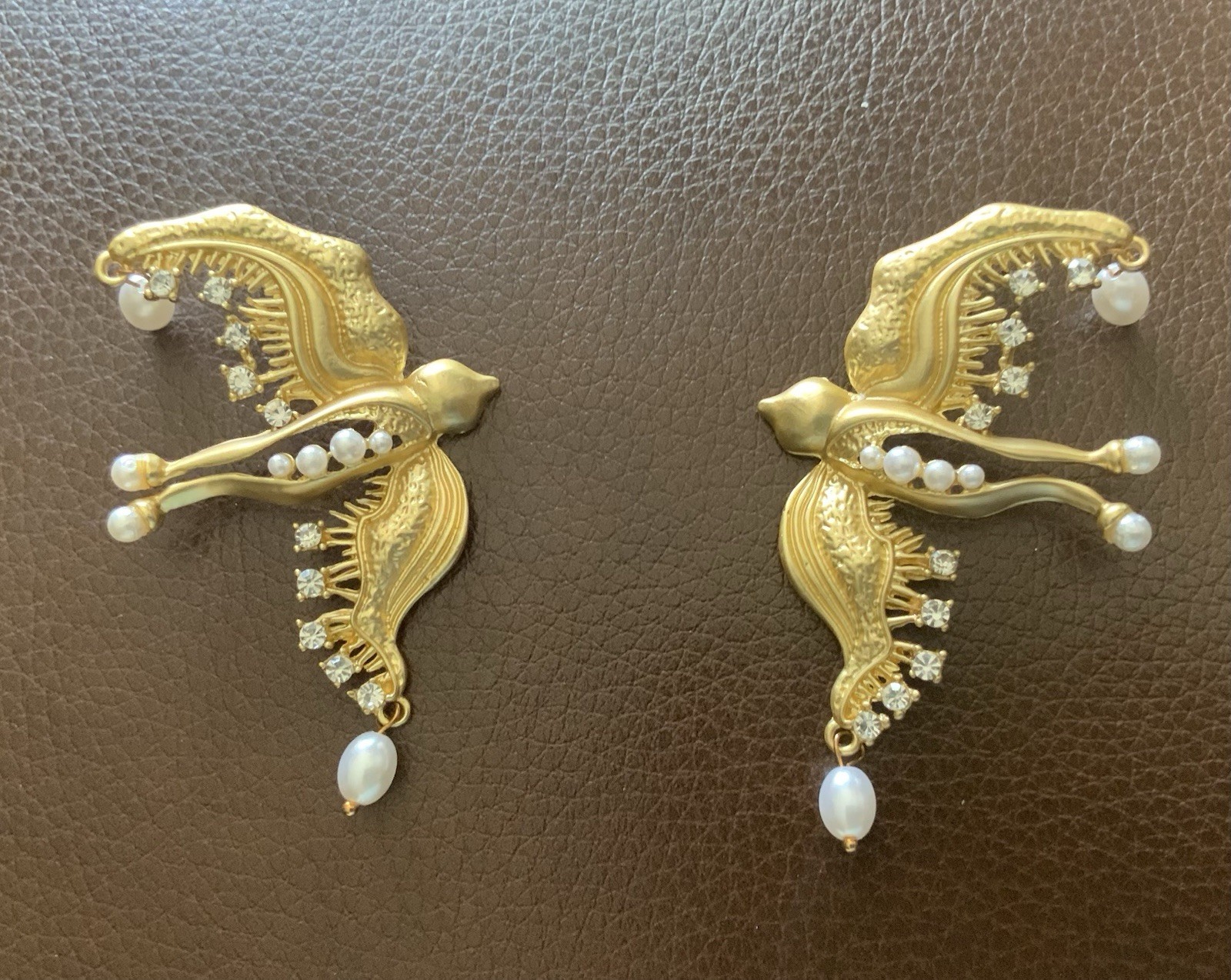 Baroque Gold VTG Bird Pearl Earrings Museum Revival Boho Victorian Cottagecore