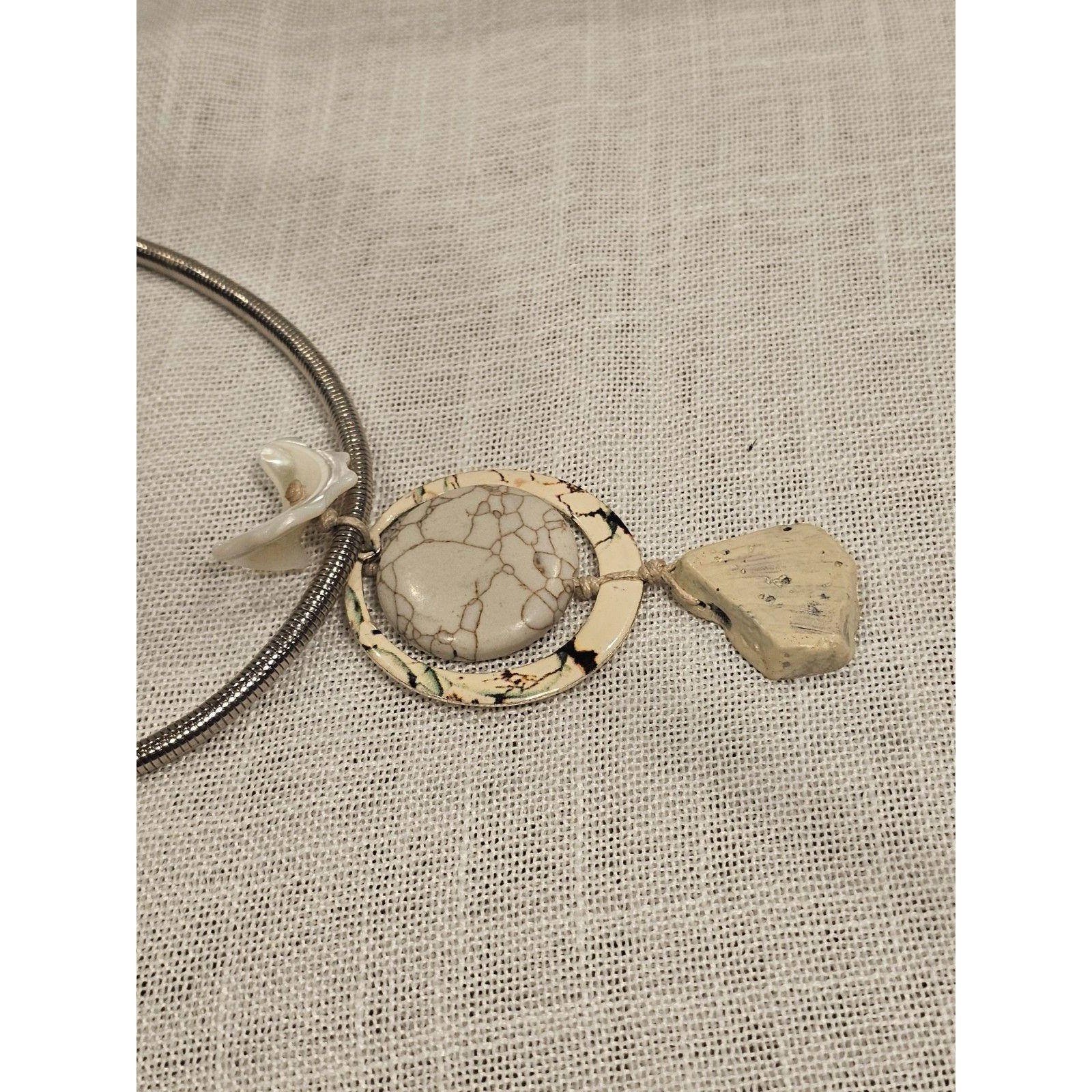 Boho Silver Tone Snake Chain Necklace Marbled Stone Pendant Mixed Media
