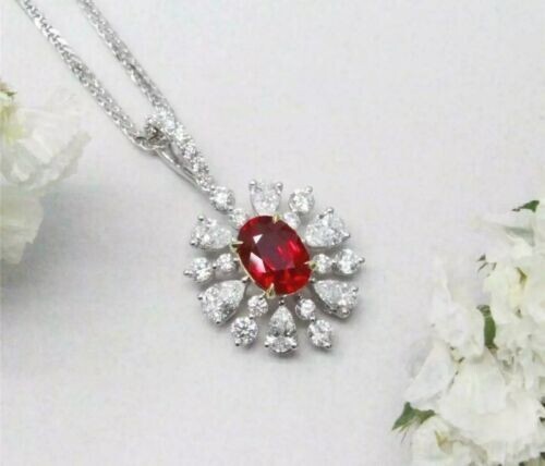 3Ct Oval Cut Lab Created Red Ruby Halo Flower Pendant 14K White Gold Plated SLVR