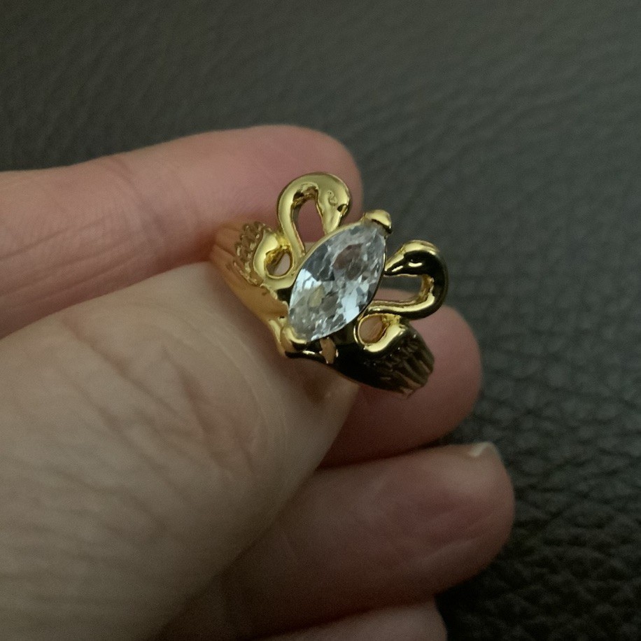 Avon Bird Ring Swan Gold Crystal Sz 7 Love VTG Lovebirds Marquise CZ Boho Retro