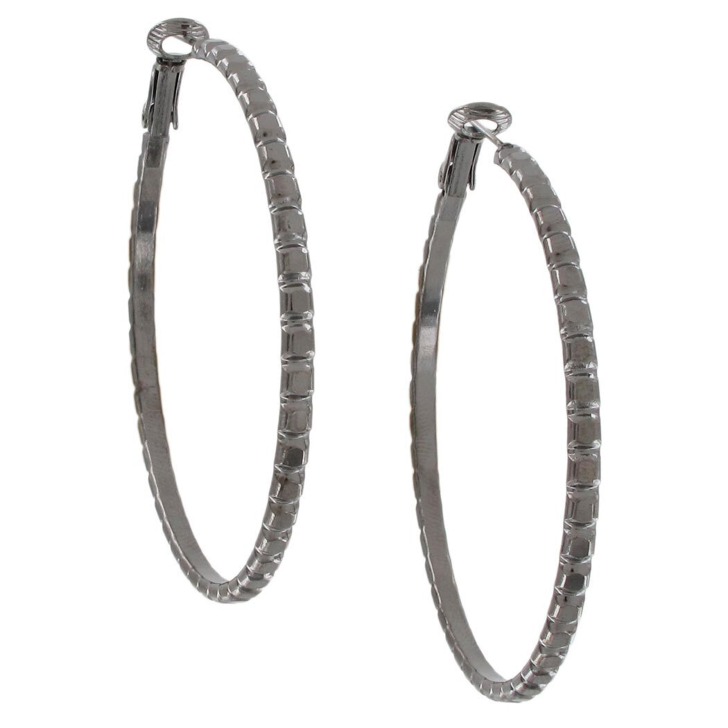 Ky & Co Gun Metal Gray Tone Big Hoop Notched Earrings Made USA 2 1/8″