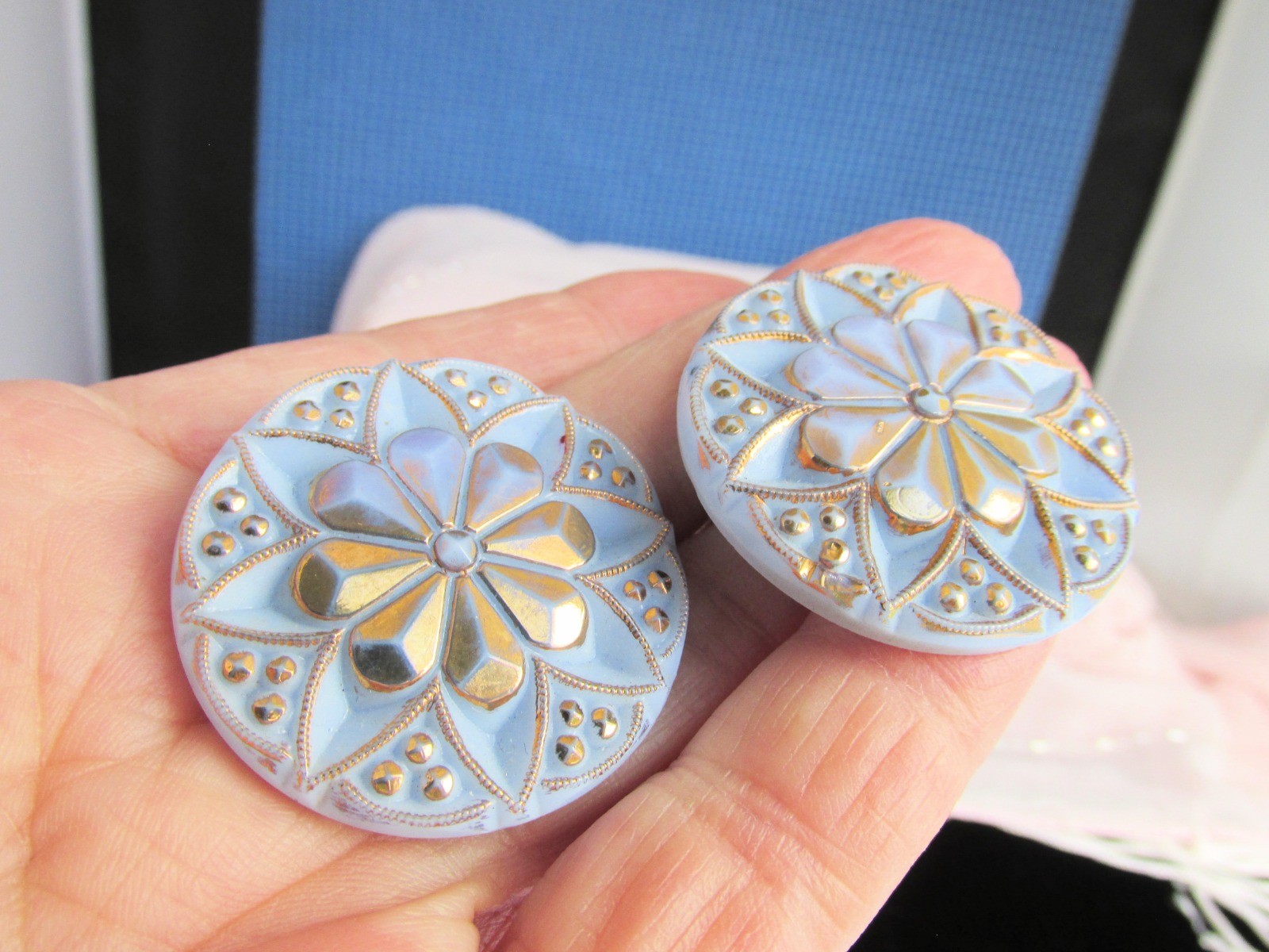 Vintage Periwinkle Blue Pressed Glass 1.5″ Earrings Clips Golden Accents