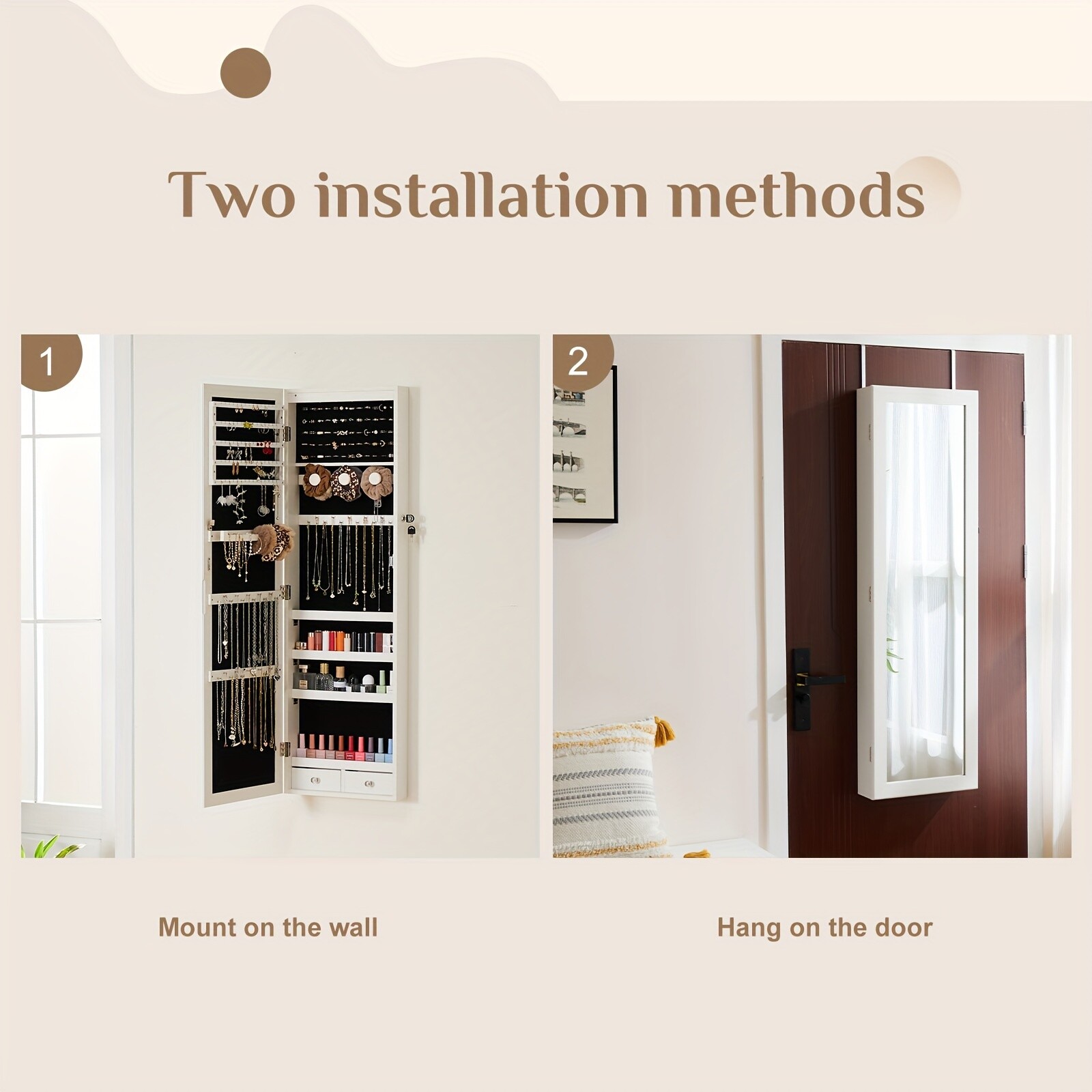 47.2-Inch Tall Lockable Wall Or Door Mounted Jewelry Cabinet With Mirror